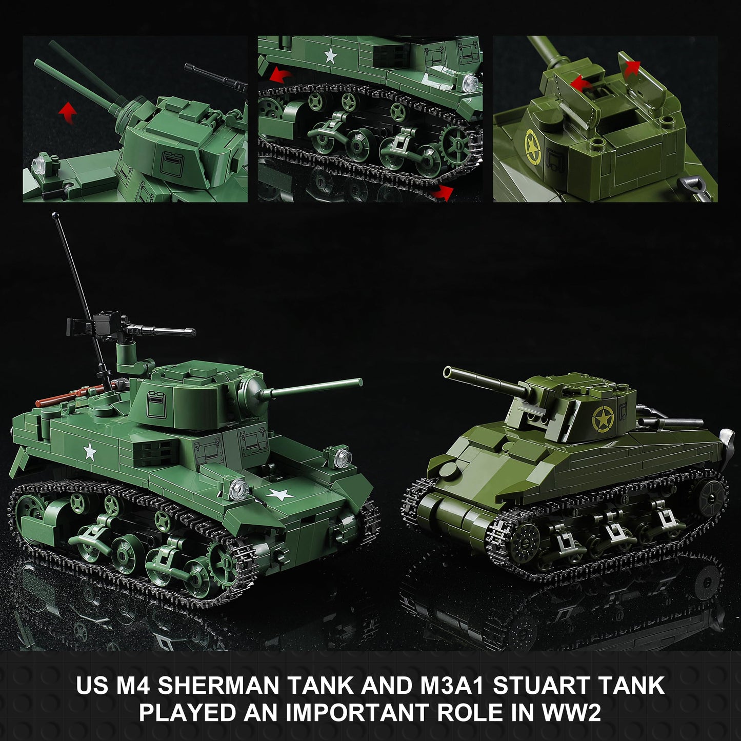 MISTBUY WW2 Army Tank Building Set – 1452 Pieces with Sherman & Stuart, Compatible with Major Brands