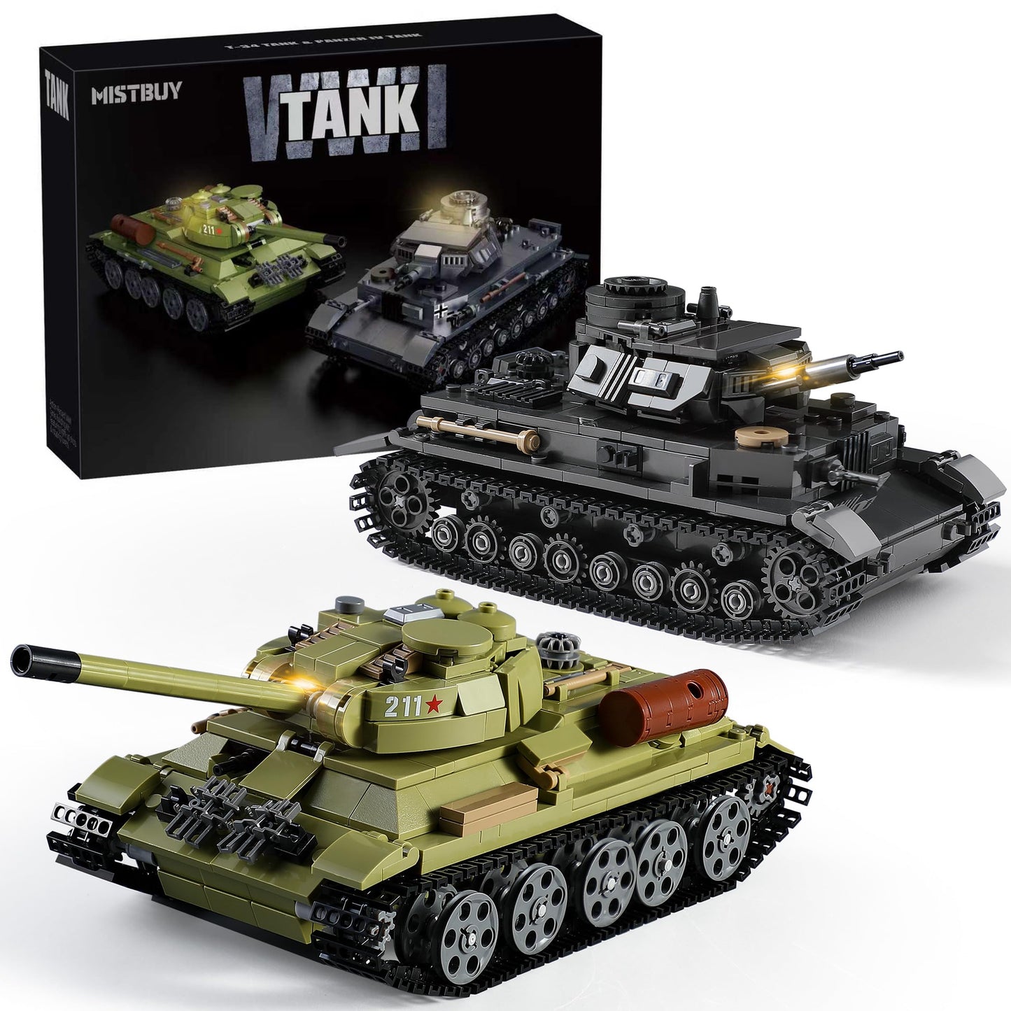 MISTBUY WW2 Army Tank Building Sets with Lights — Panzer IV & T-34, LEGO-Compatible