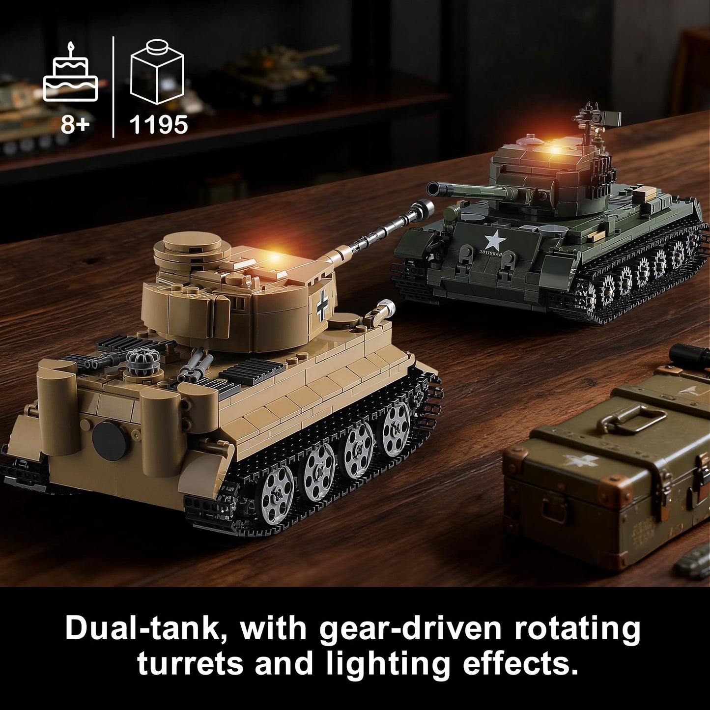 MISTBUY WW2 Military Tank Building Set - Light-Up Tiger I & M26 Pershing Tank Kit (1,195 pieces)