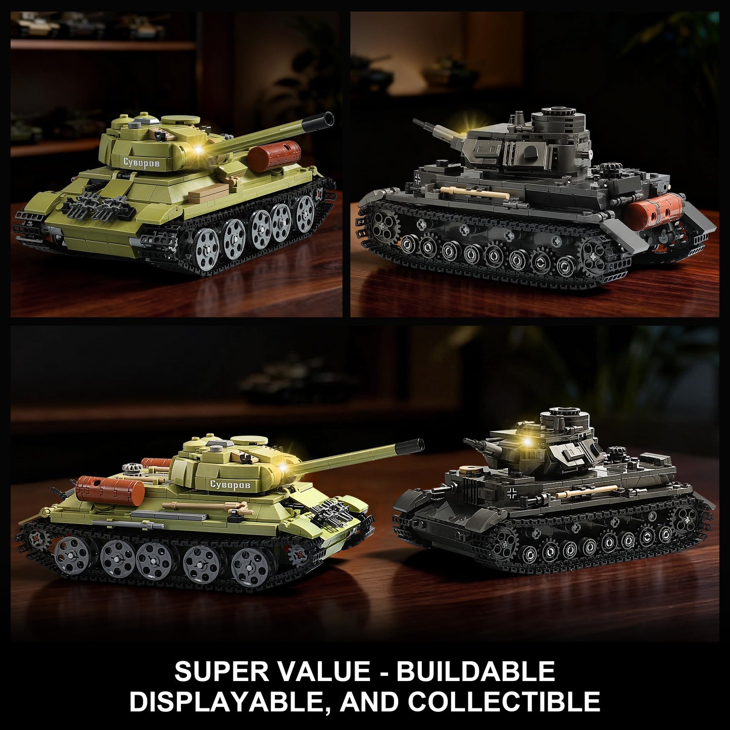MISTBUY WW2 Army Tank Building Sets with Lights — Panzer IV & T-34, LEGO-Compatible
