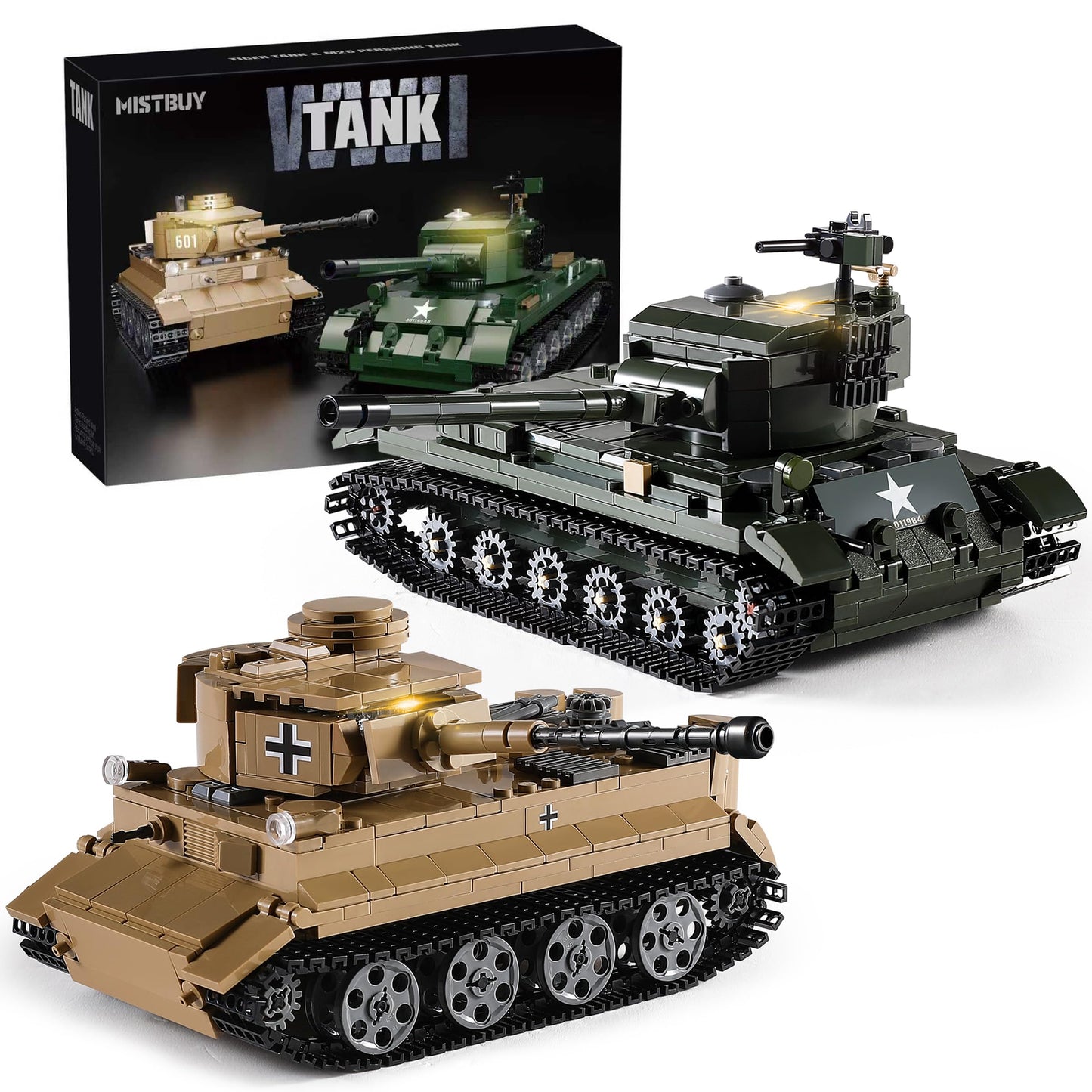 MISTBUY WW2 Military Tank Building Set - Light-Up Tiger I & M26 Pershing Tank Kit (1,195 pieces)
