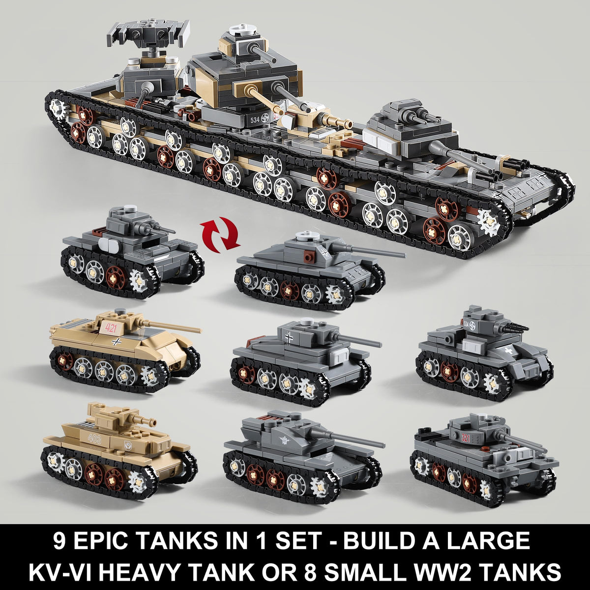 MISTBUY 1165-Piece WWII Army Tank Building Set | 9-in-1 KV-VI & 8 Tanks