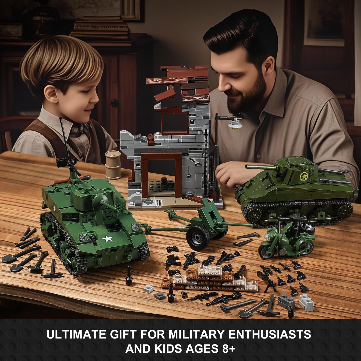 MISTBUY WW2 Army Tank Building Set – 1452 Pieces with Sherman & Stuart, Compatible with Major Brands
