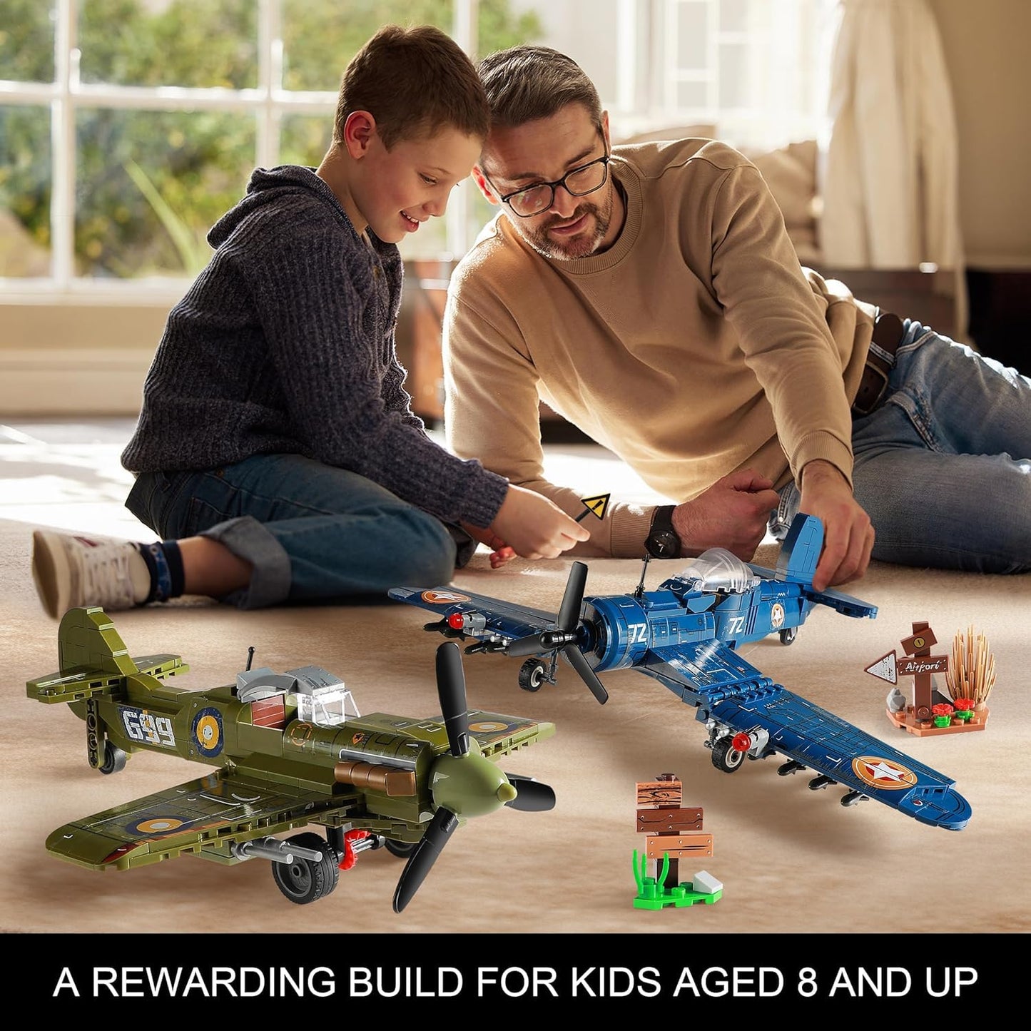 MISTBUY WW2 Fighter Plane Building Set — F4U Corsair & Spitfire, Lego-Compatible