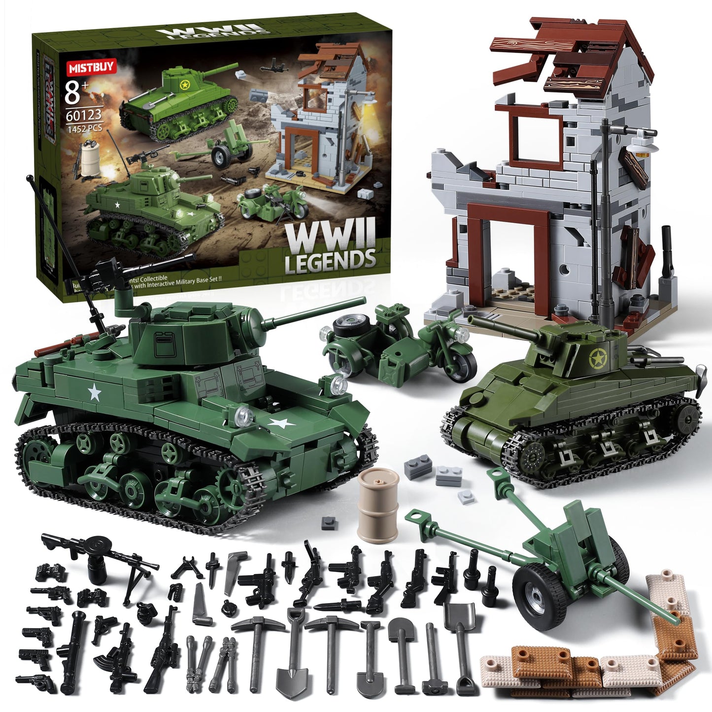 MISTBUY WW2 Army Tank Building Set – 1452 Pieces with Sherman & Stuart, Compatible with Major Brands
