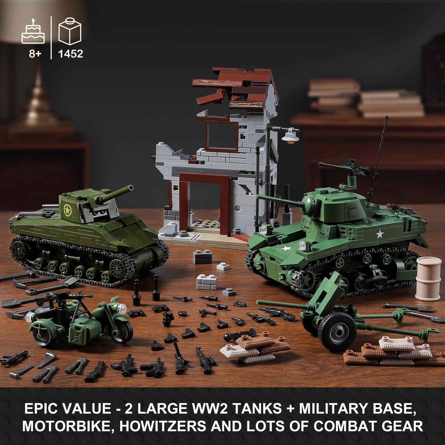 MISTBUY WW2 Army Tank Building Set – 1452 Pieces with Sherman & Stuart, Compatible with Major Brands