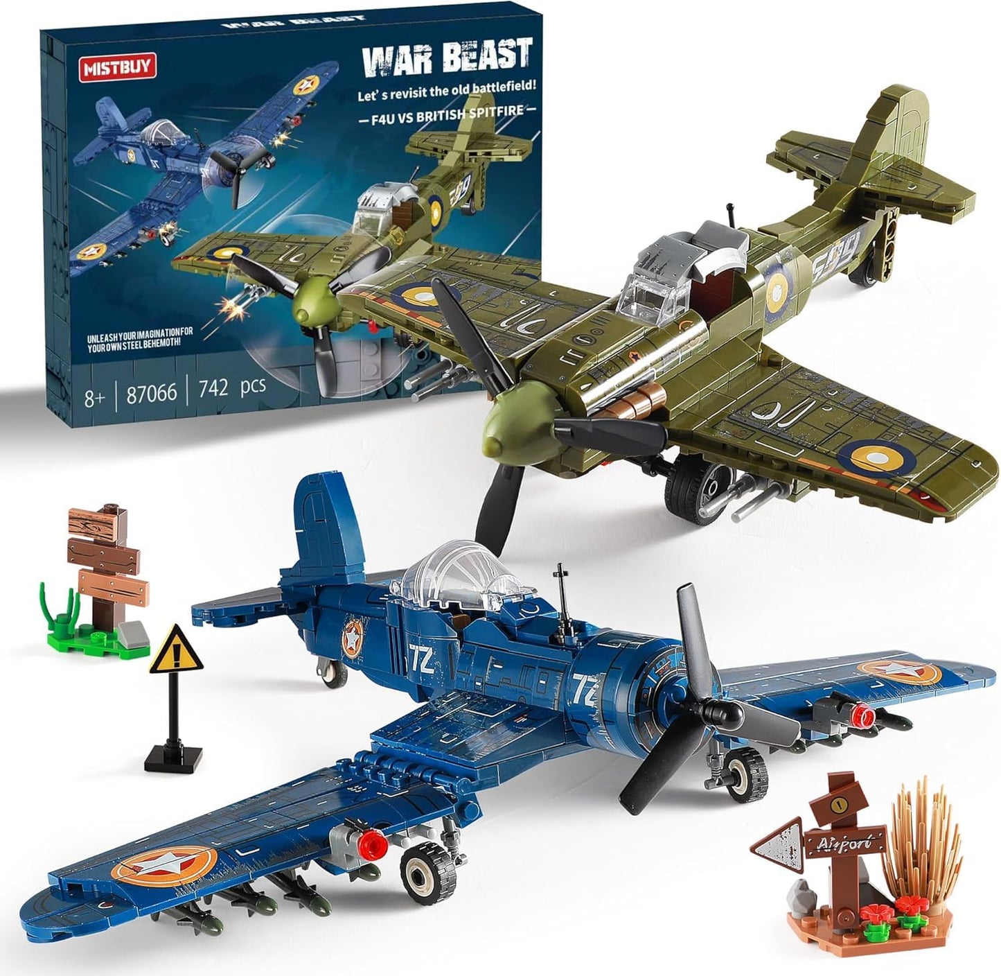 MISTBUY WW2 Fighter Plane Building Set — F4U Corsair & Spitfire, Lego-Compatible