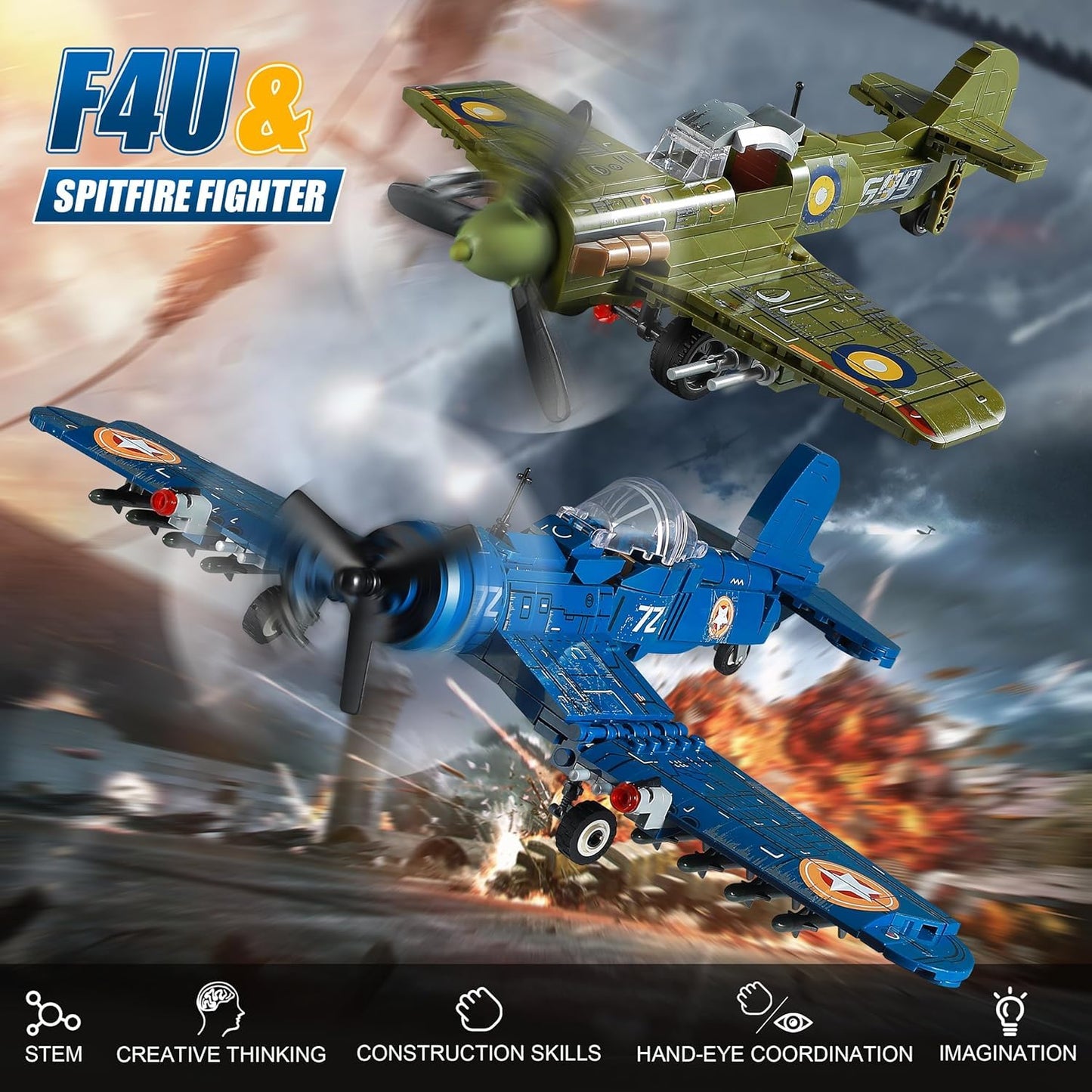 MISTBUY WW2 Fighter Plane Building Set — F4U Corsair & Spitfire, Lego-Compatible