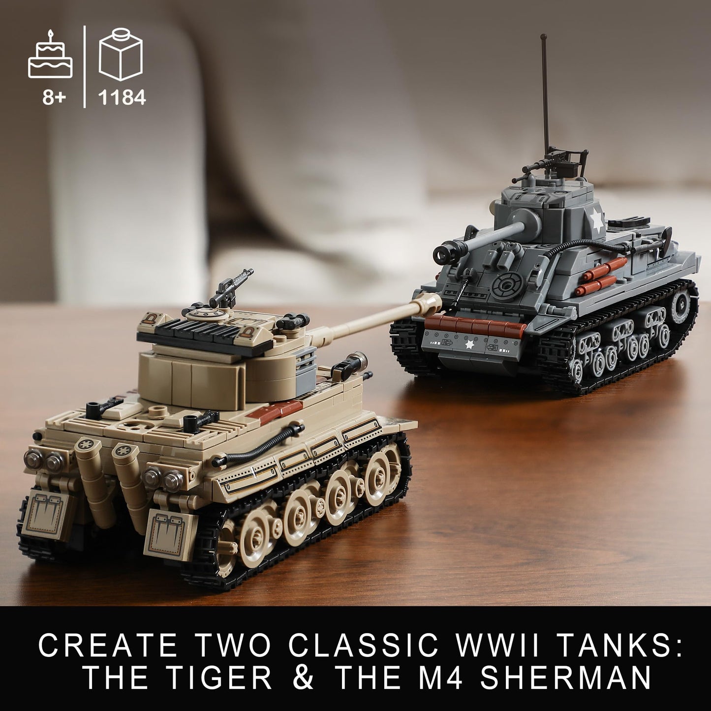 Mistbuy WW2 Tanks Building Kit – Tiger I & M4 Sherman, Lego-Compatible, 1184 Blocks (Ages 8-14)