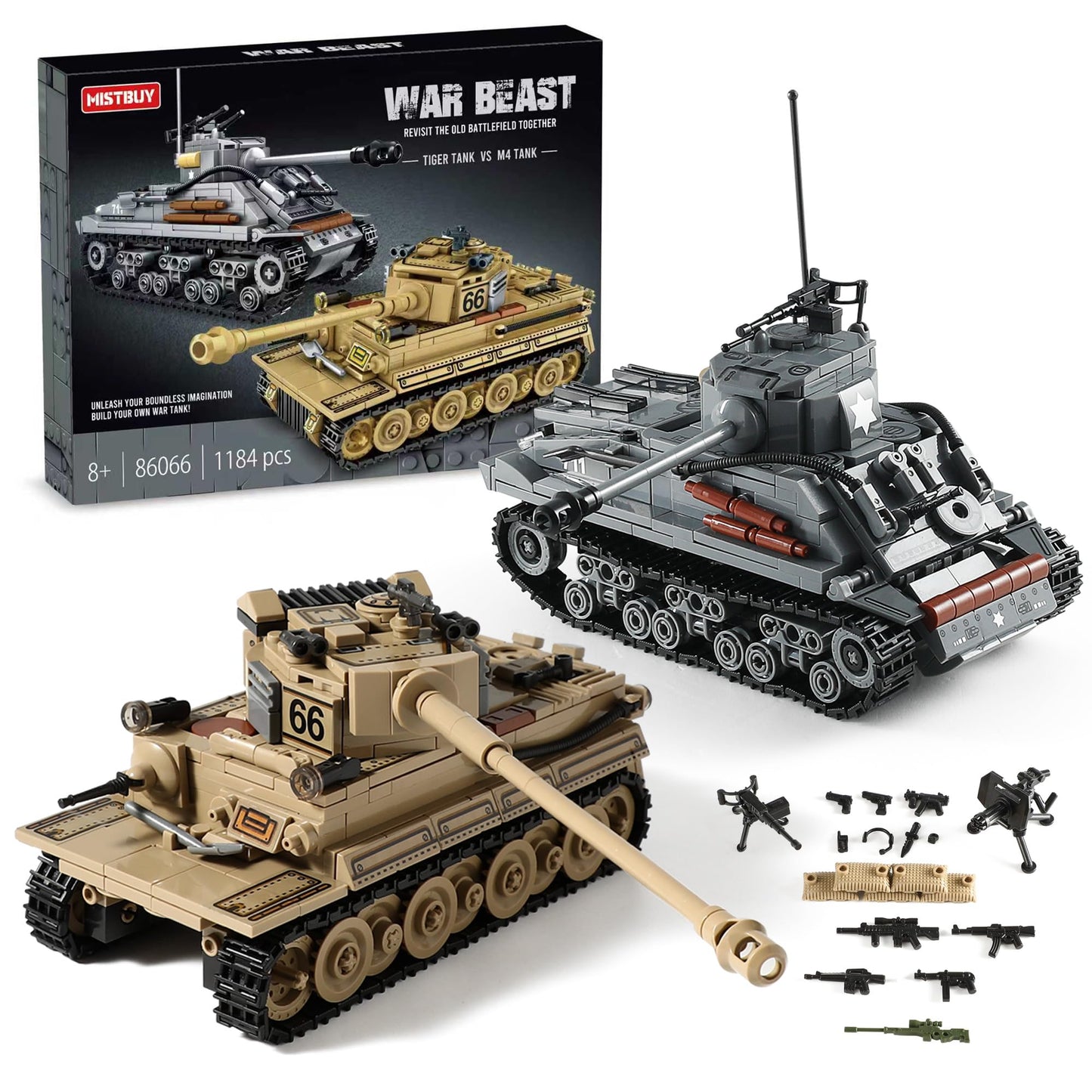 Mistbuy WW2 Tanks Building Kit – Tiger I & M4 Sherman, Lego-Compatible, 1184 Blocks (Ages 8-14)