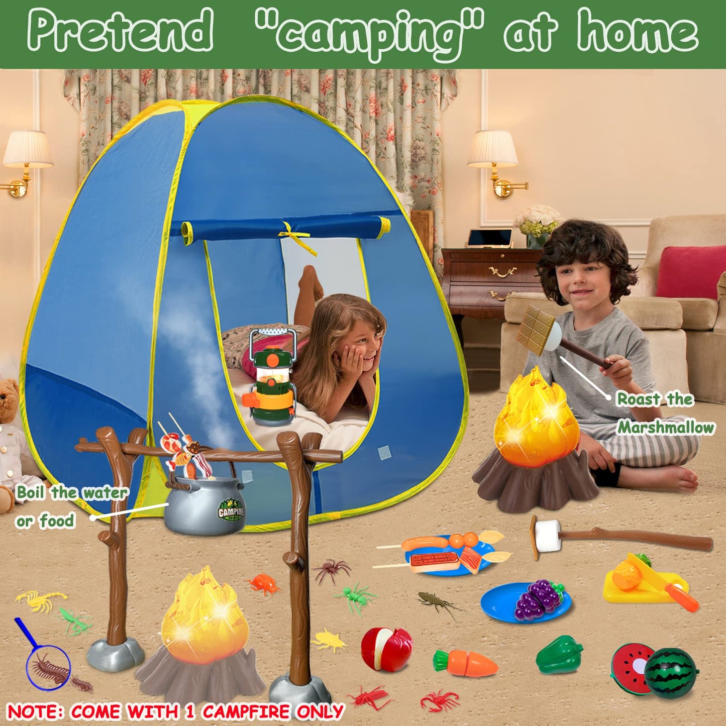 MITCIEN Kids Play Tent with Campfire – 4-in-1 Lantern & Pretend Camping Gear for 3-6+