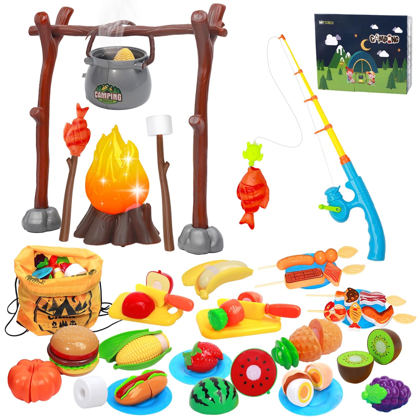 MITCIEN Kids Camping Toys Set – Pretend Campfire, Food Play & Magnetic Fishing Toy for Ages 3–6