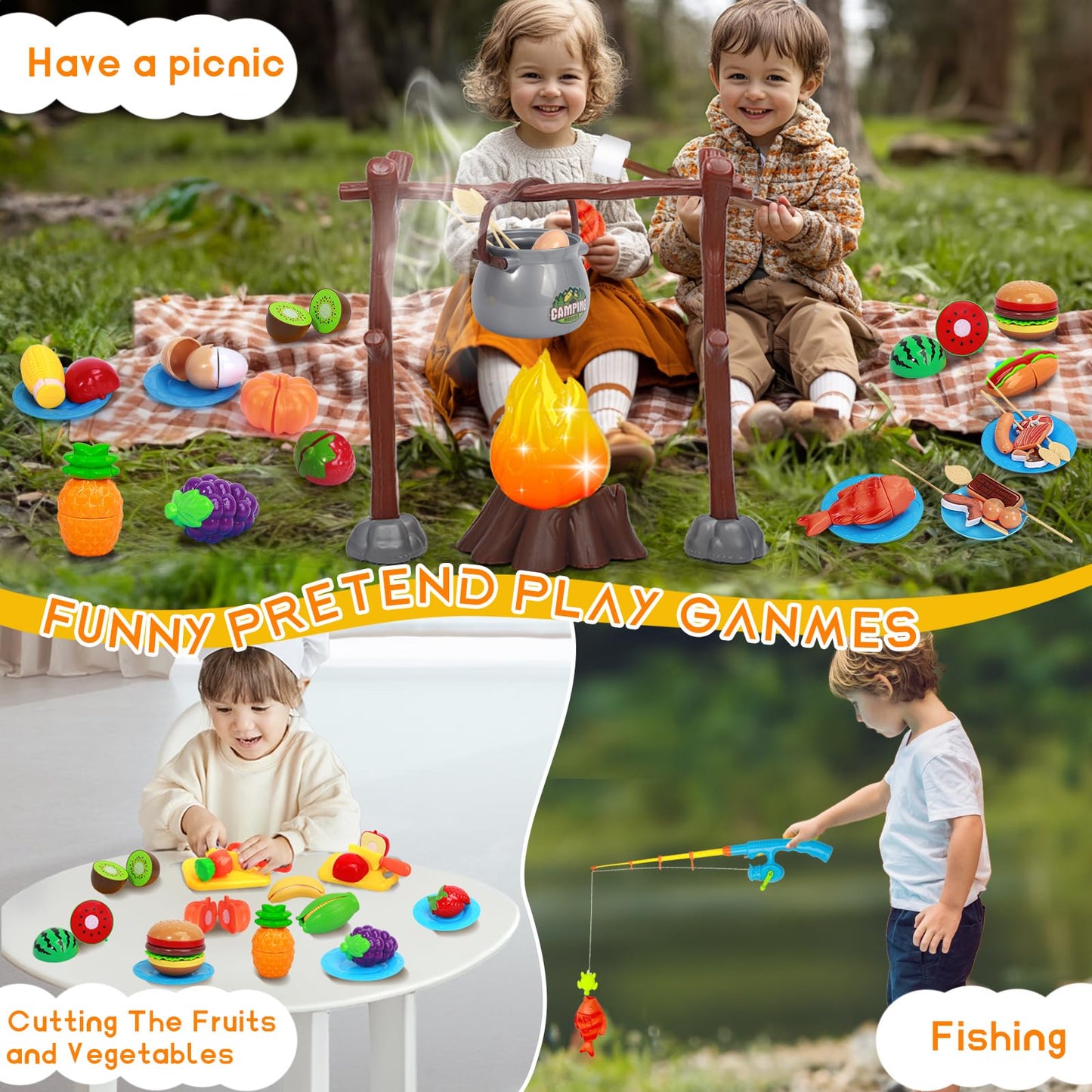 MITCIEN Kids Camping Toys Set – Pretend Campfire, Food Play & Magnetic Fishing Toy for Ages 3–6
