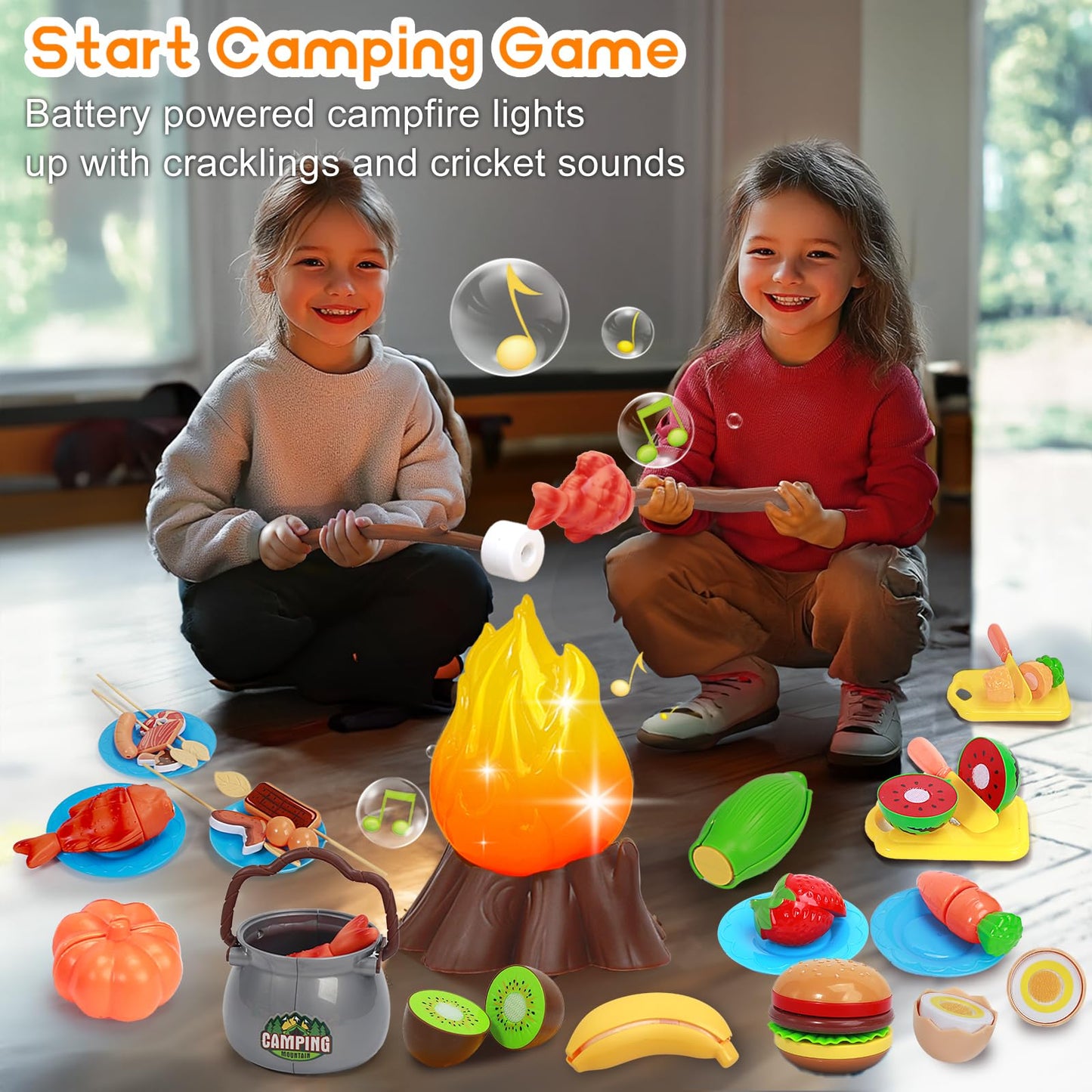 MITCIEN Kids Camping Toys Set – Pretend Campfire, Food Play & Magnetic Fishing Toy for Ages 3–6