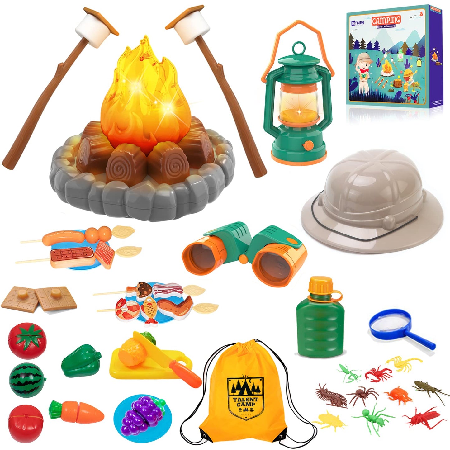 MITCIEN Camping Toys for Kids – Pretend Campfire, Lantern, Binoculars & Safari Hat