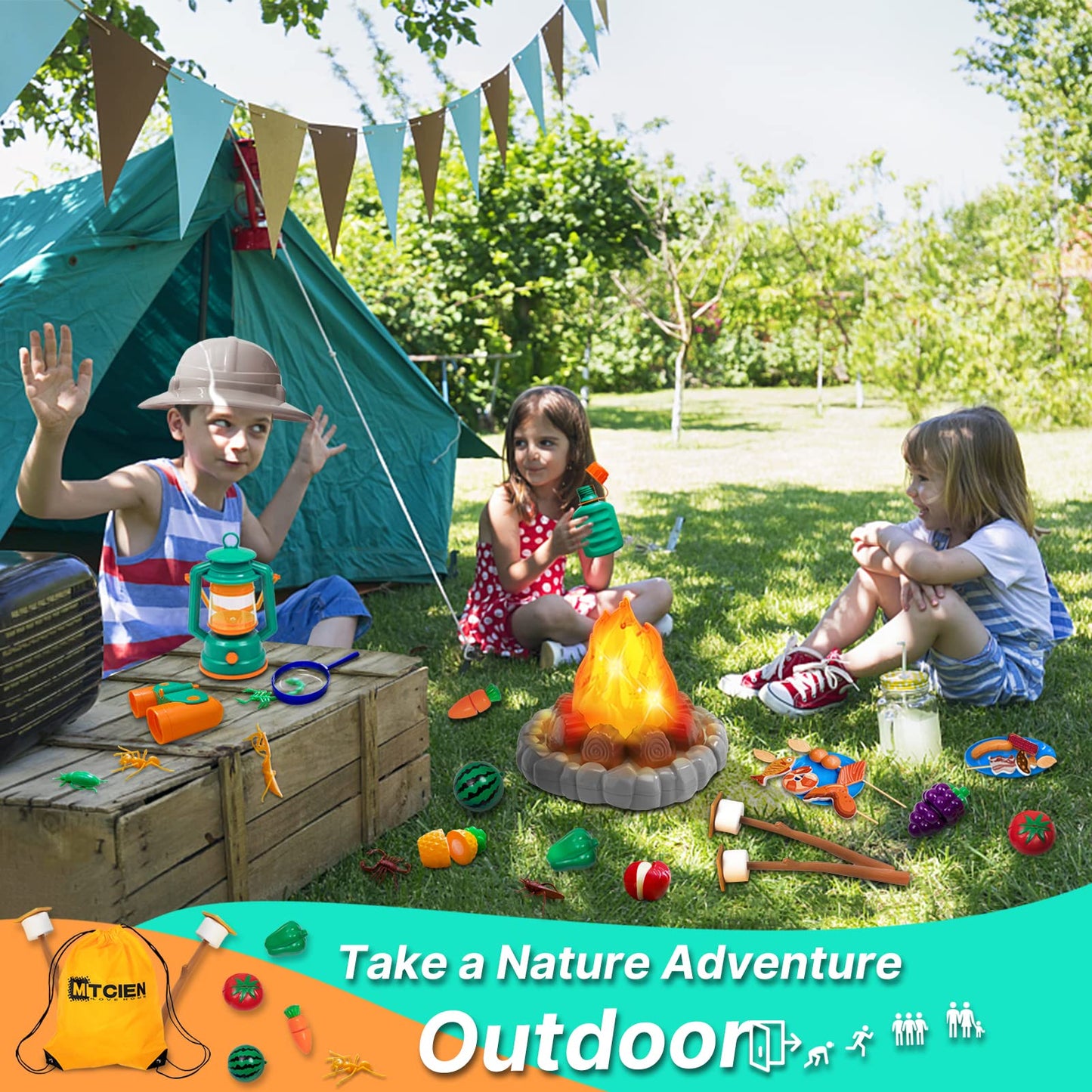 MITCIEN Camping Toys for Kids – Pretend Campfire, Lantern, Binoculars & Safari Hat