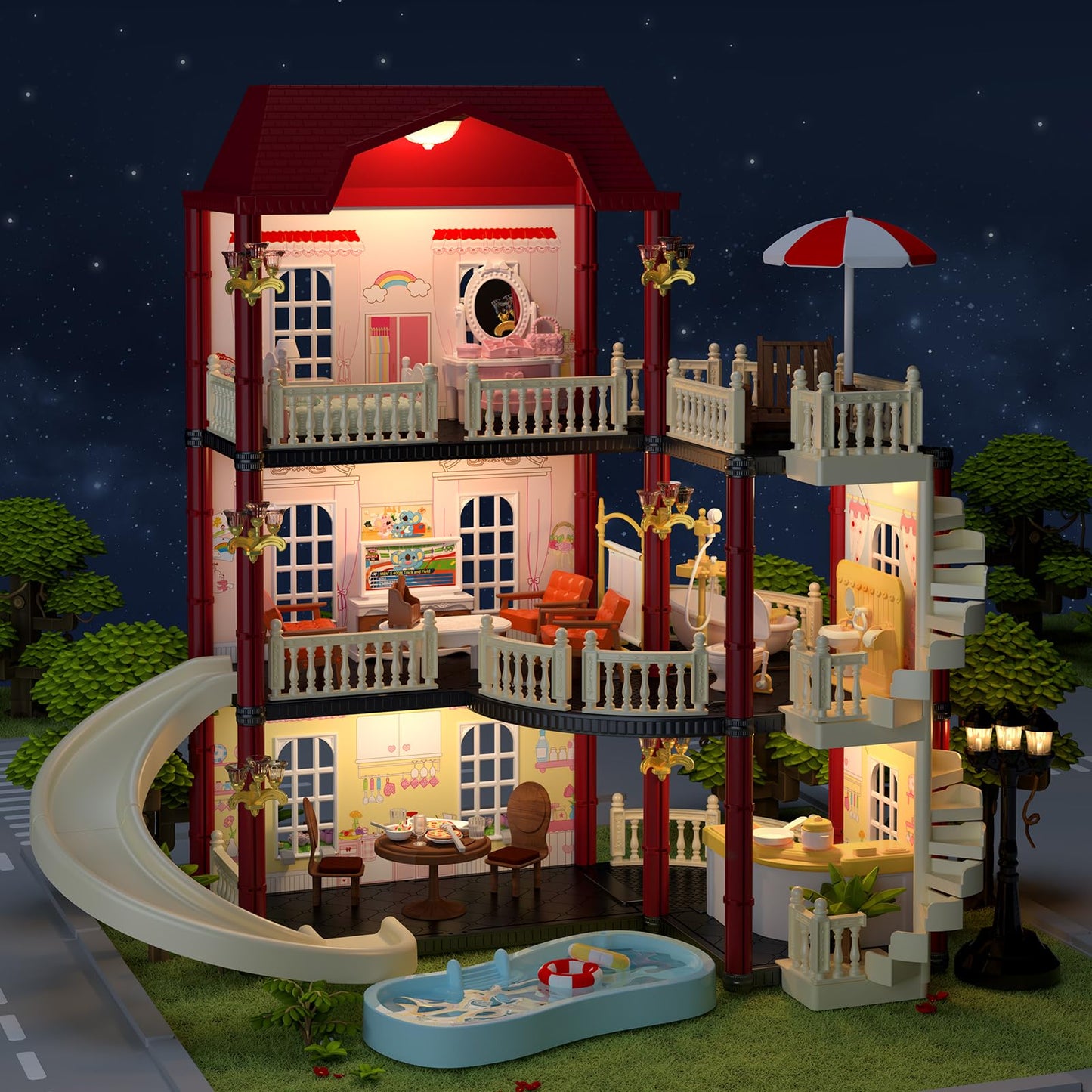MITCIEN Dollhouse Kit: Little Critters Bunny Dolls, Pool & Slide Villa