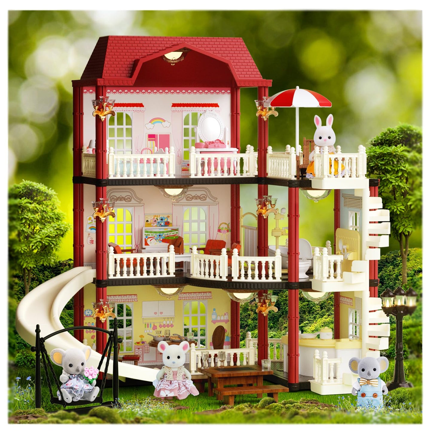 MITCIEN Dollhouse Kit: Little Critters Bunny Dolls, Pool & Slide Villa