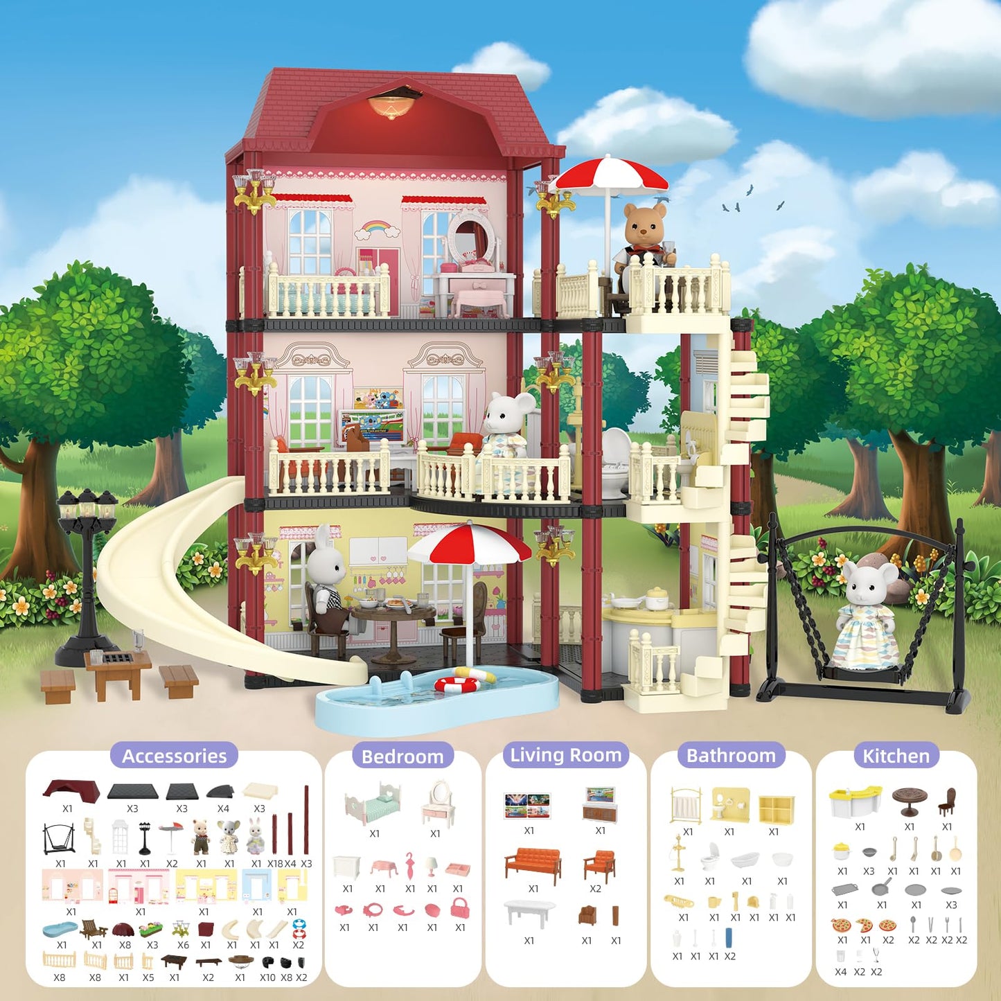 MITCIEN Dollhouse Kit: Little Critters Bunny Dolls, Pool & Slide Villa