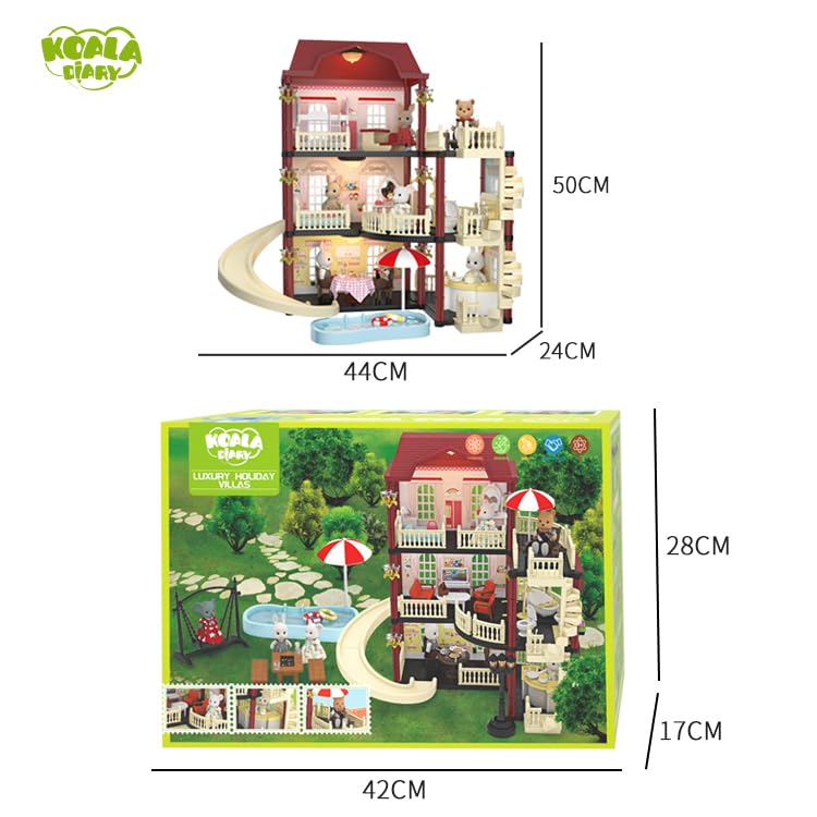 MITCIEN Dollhouse Kit: Little Critters Bunny Dolls, Pool & Slide Villa