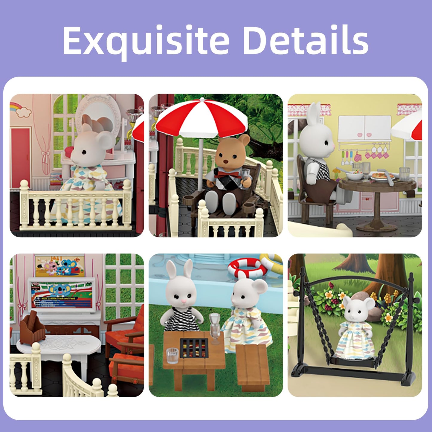 MITCIEN Dollhouse Kit: Little Critters Bunny Dolls, Pool & Slide Villa