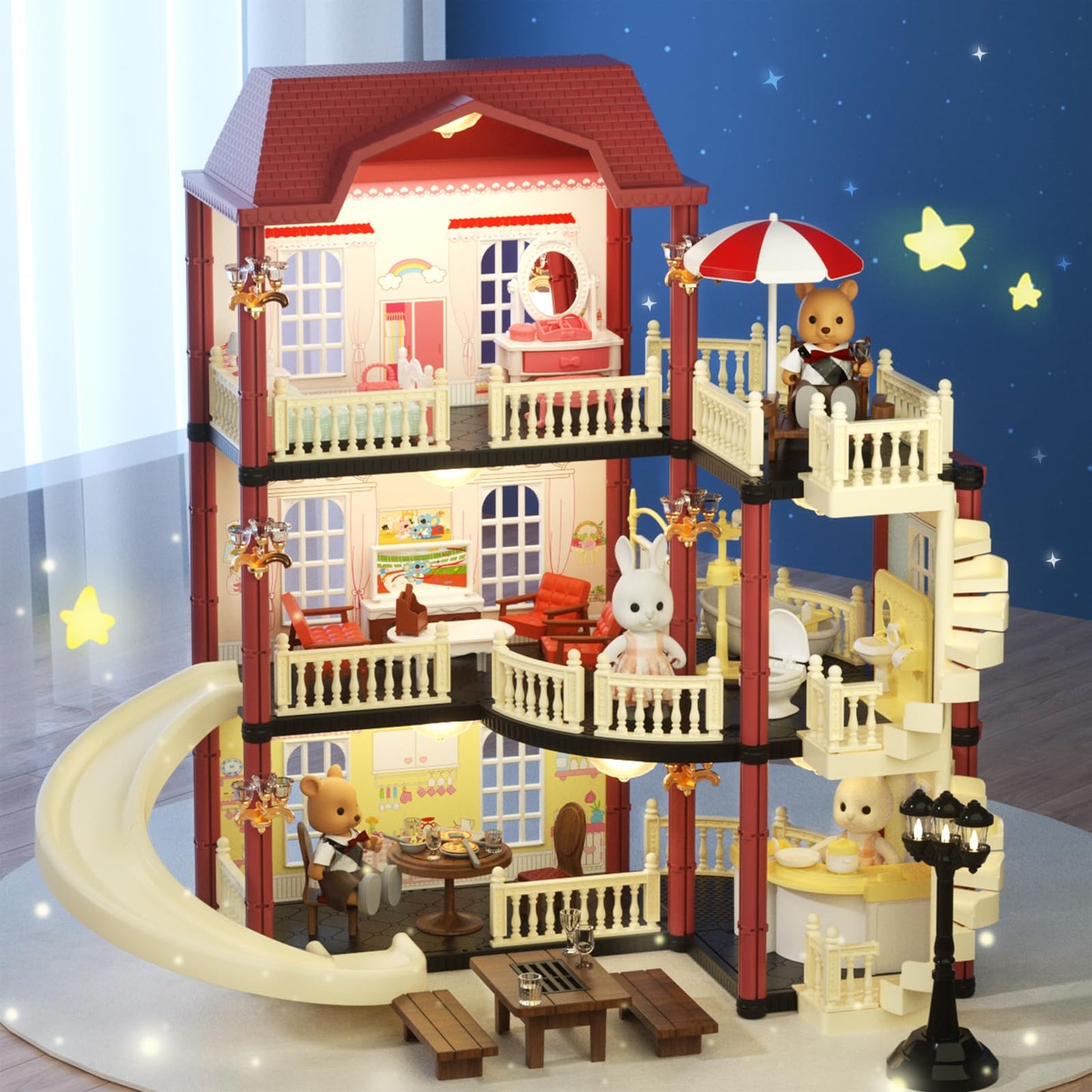 MITCIEN Dollhouse Kit: Little Critters Bunny Dolls, Pool & Slide Villa