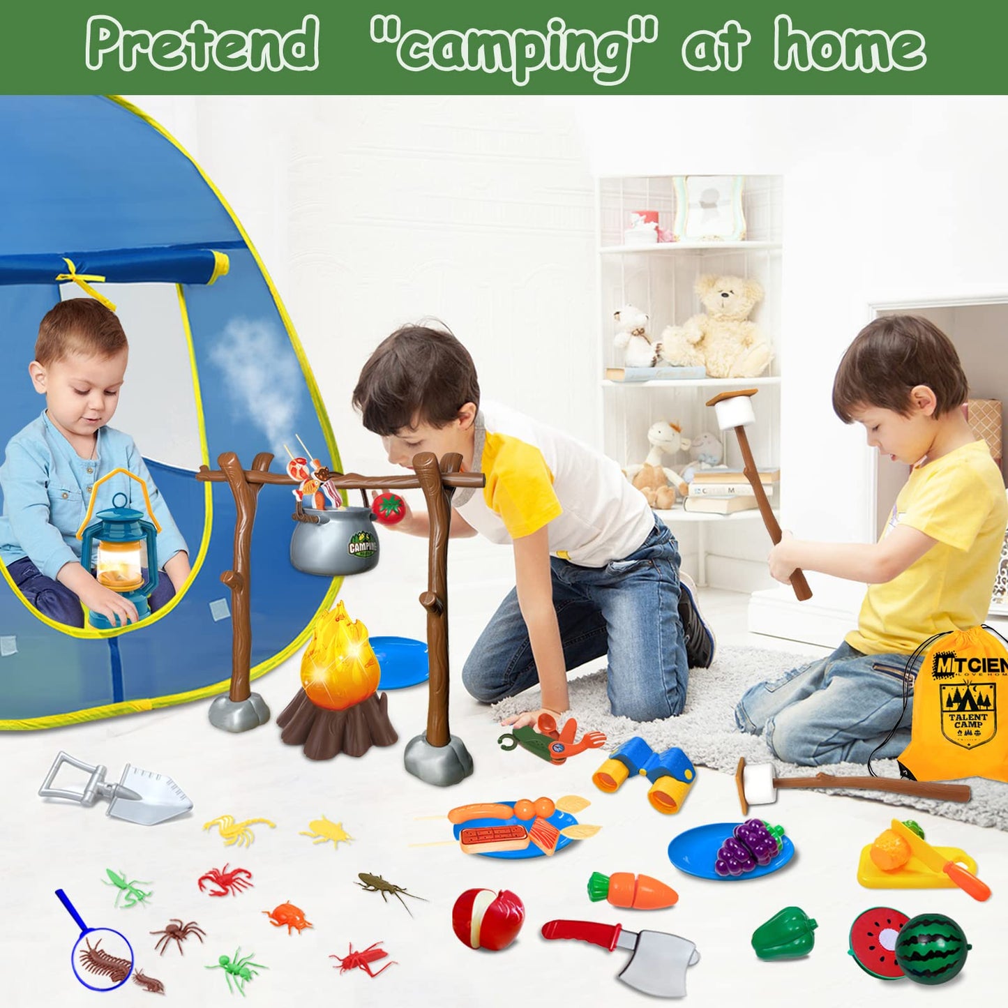 MITCIEN Kids Camping Set – Realistic Campfire, Play Tent, Binoculars