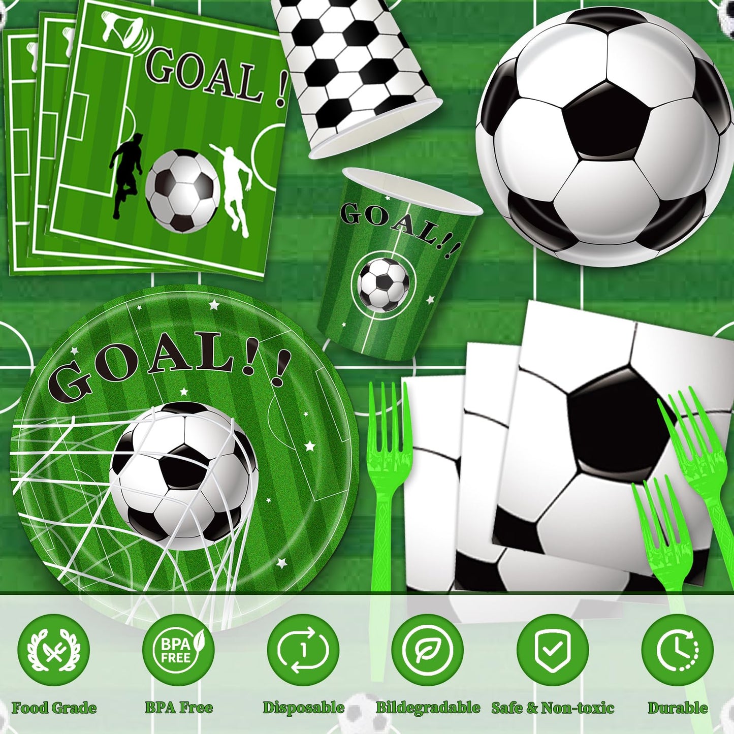 Miucat Soccer Party Decorations - 143 Pcs Party Supplies for 24 Guests (Plates, Napkins, Tablecloth, Banner, Balloons)