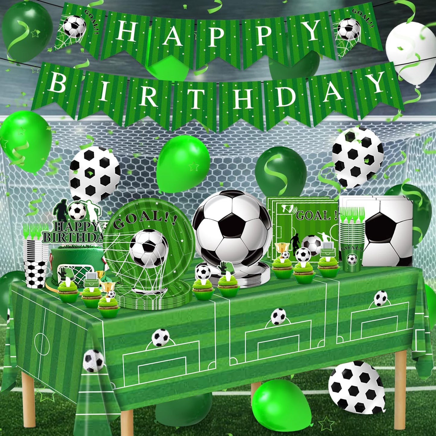 Miucat Soccer Party Decorations - 143 Pcs Party Supplies for 24 Guests (Plates, Napkins, Tablecloth, Banner, Balloons)