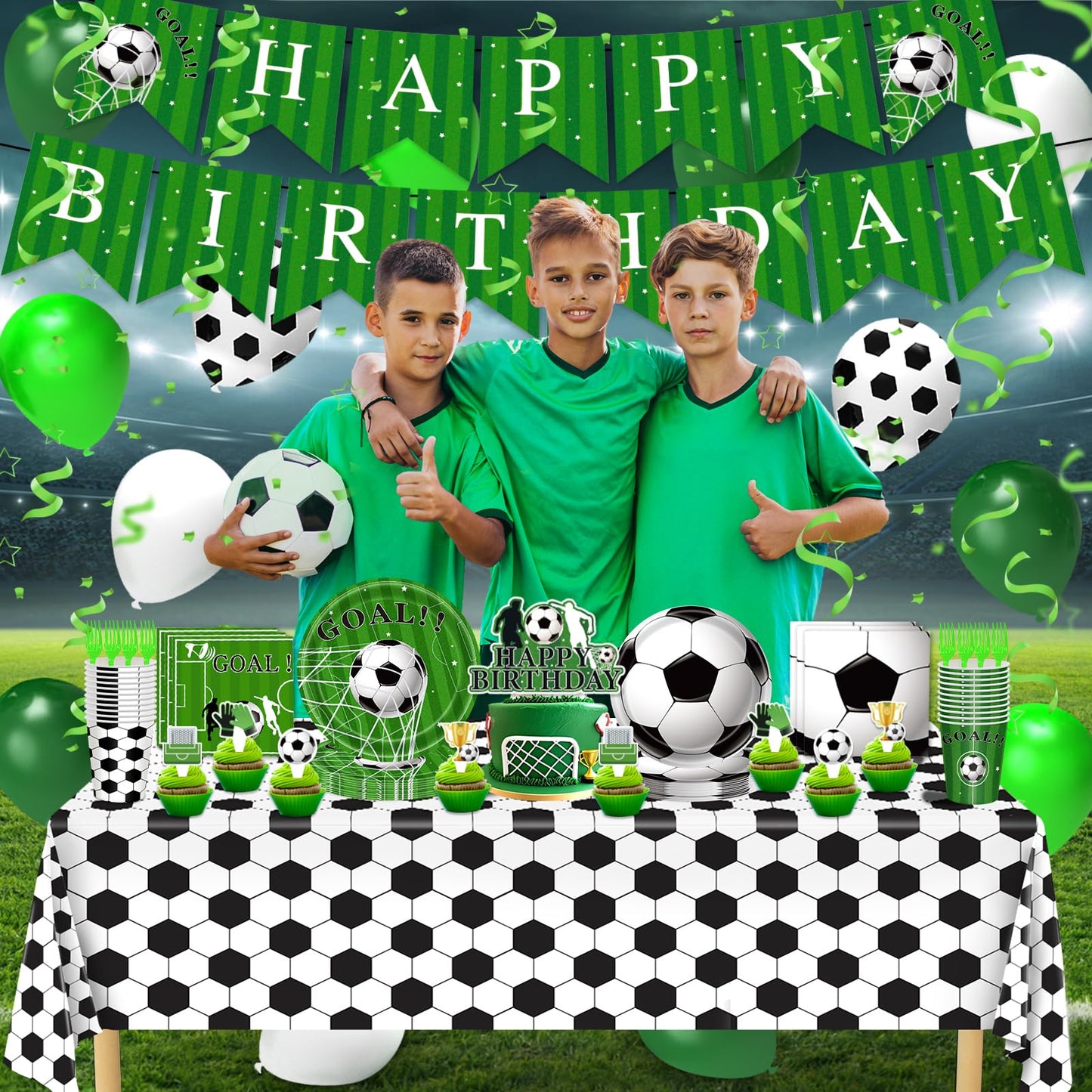 Miucat Soccer Party Decorations - 143 Pcs Party Supplies for 24 Guests (Plates, Napkins, Tablecloth, Banner, Balloons)