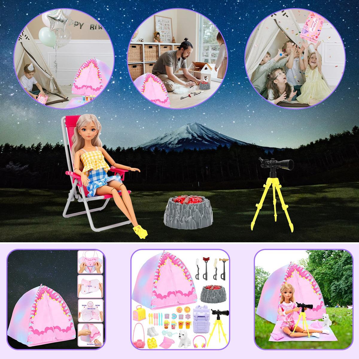 Miunana 35PCS Doll Camping Playset for 11.5-Inch Dolls – STEM Tent with Backpack, BBQ Grill & Stargazing Tools