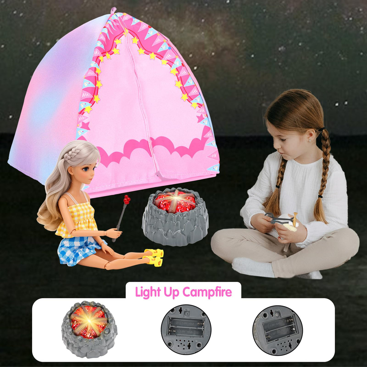 Miunana 35PCS Doll Camping Playset for 11.5-Inch Dolls – STEM Tent with Backpack, BBQ Grill & Stargazing Tools