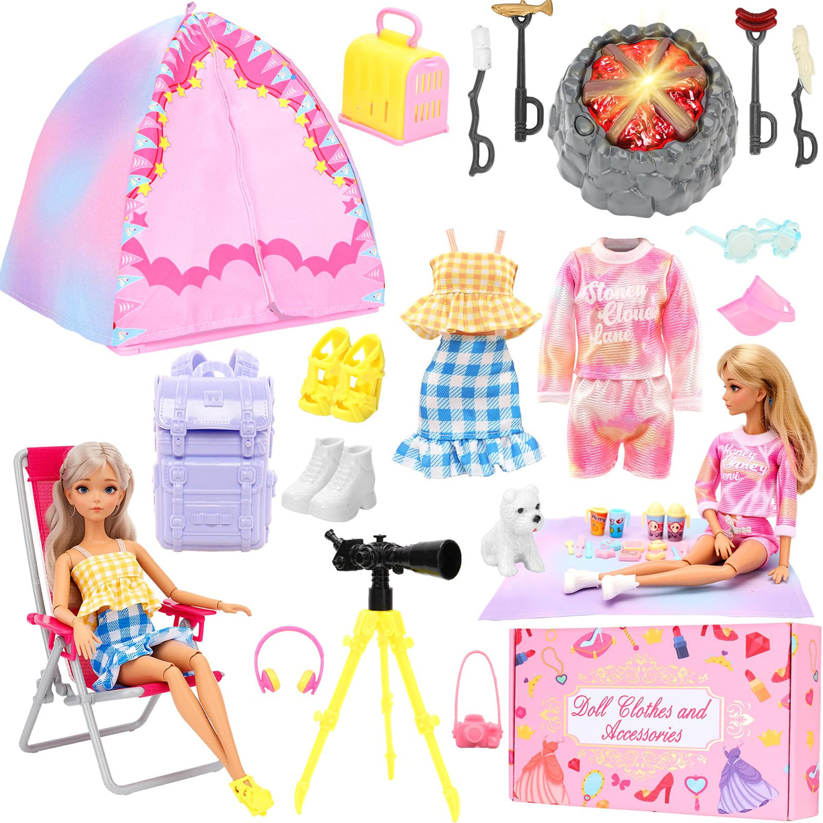 Miunana 35PCS Doll Camping Playset for 11.5-Inch Dolls – STEM Tent with Backpack, BBQ Grill & Stargazing Tools