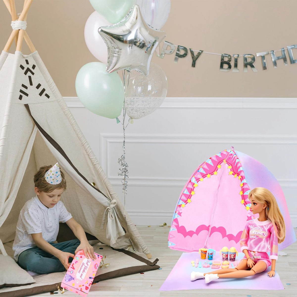 Miunana 35PCS Doll Camping Playset for 11.5-Inch Dolls – STEM Tent with Backpack, BBQ Grill & Stargazing Tools