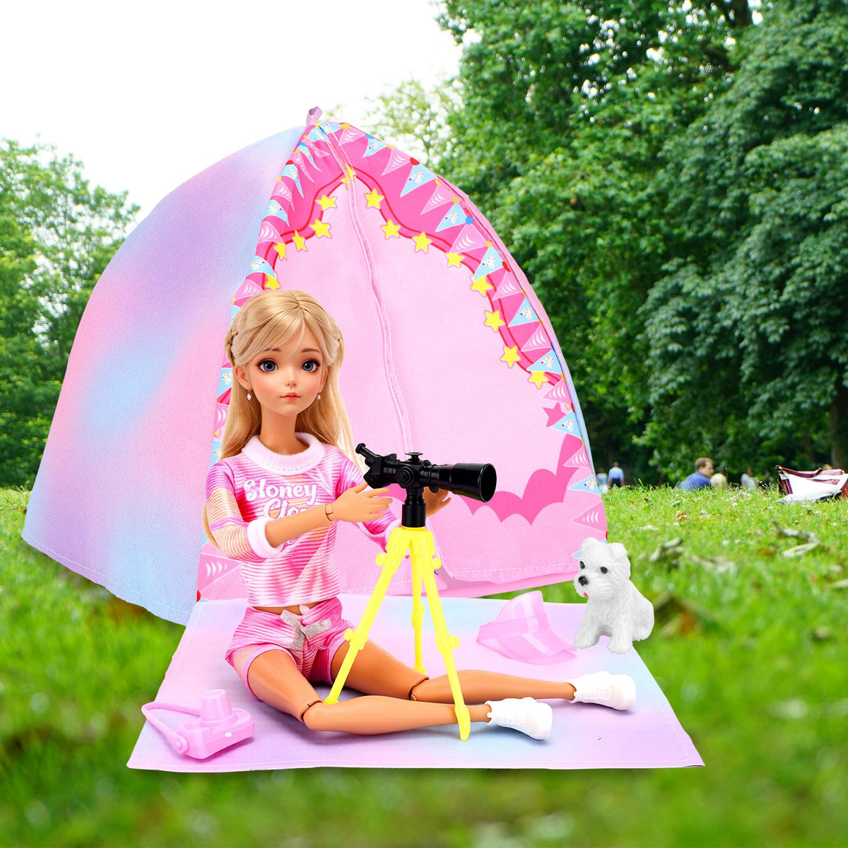 Miunana 35PCS Doll Camping Playset for 11.5-Inch Dolls – STEM Tent with Backpack, BBQ Grill & Stargazing Tools