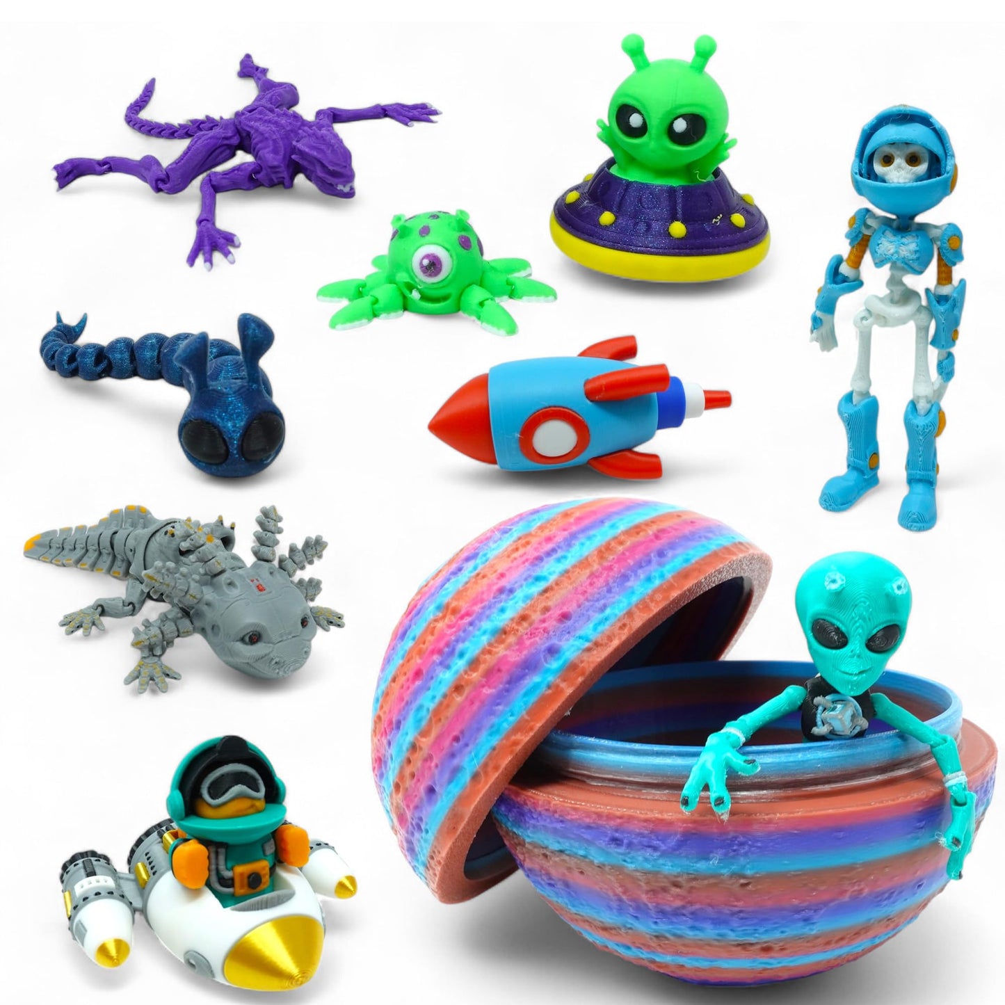 Mivi Collection Articulated Alien Figurines – 10 Detailed 3D Printed Sci-Fi Figures with Planet Egg Storage