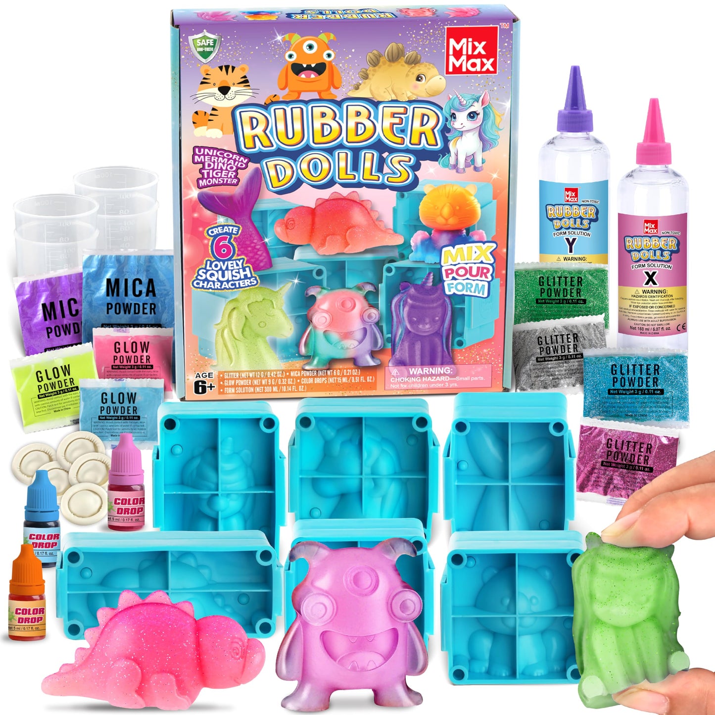 MixMax Make Your Own Squishies Toys – 6 Pack DIY Glitter Silicone Craft Kit for Kids 6-12