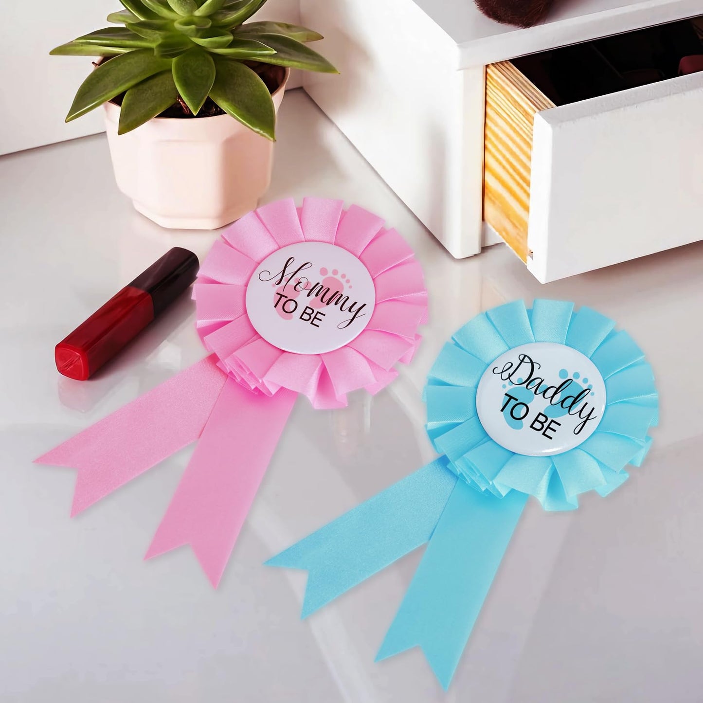 MixPeak Daddy To Be & Mommy To Be Tinplate Pin Set — Pink & Blue Rosette Badges for Gender Reveal