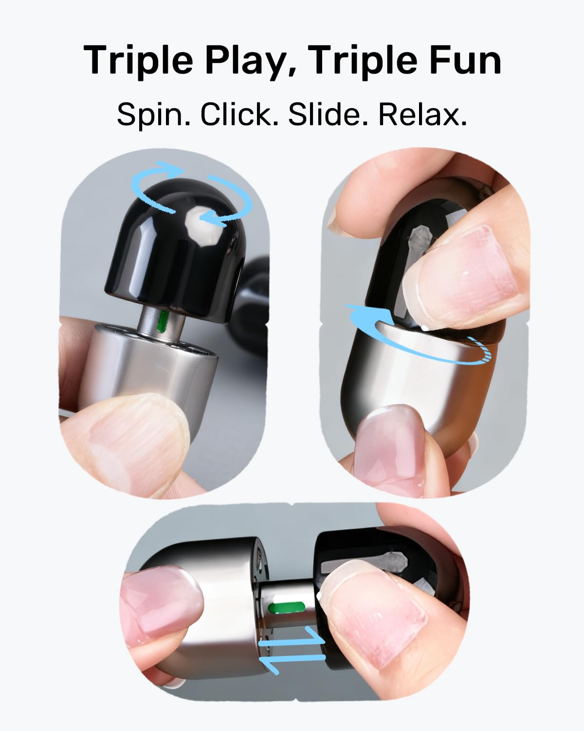 MIXTRYS 3-in-1 Metal Fidget Toy for Adults – Capsule Slider, Top Spin & Clicker (Silver)