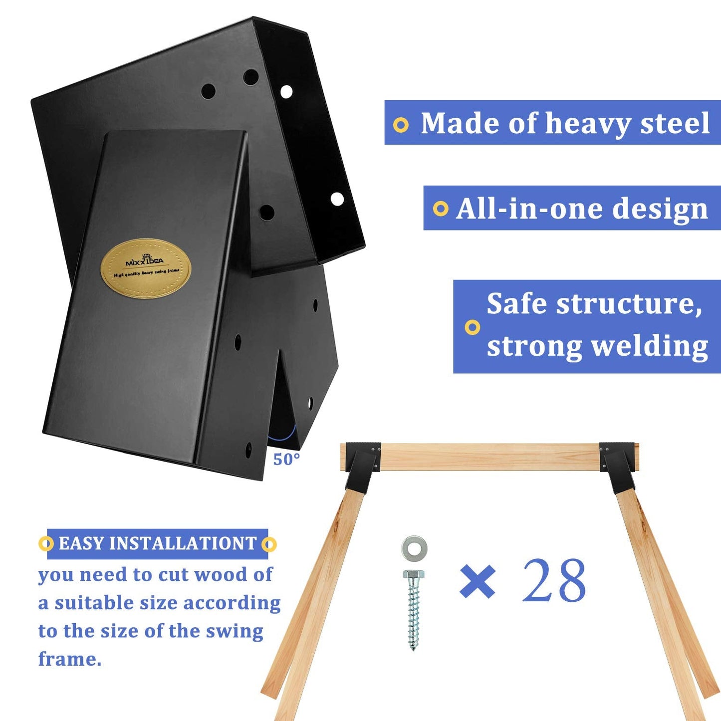 MIXXIDEA 2 Swing Set Brackets for A-Frame – Heavy Duty, Black, with All Mounting Hardware
