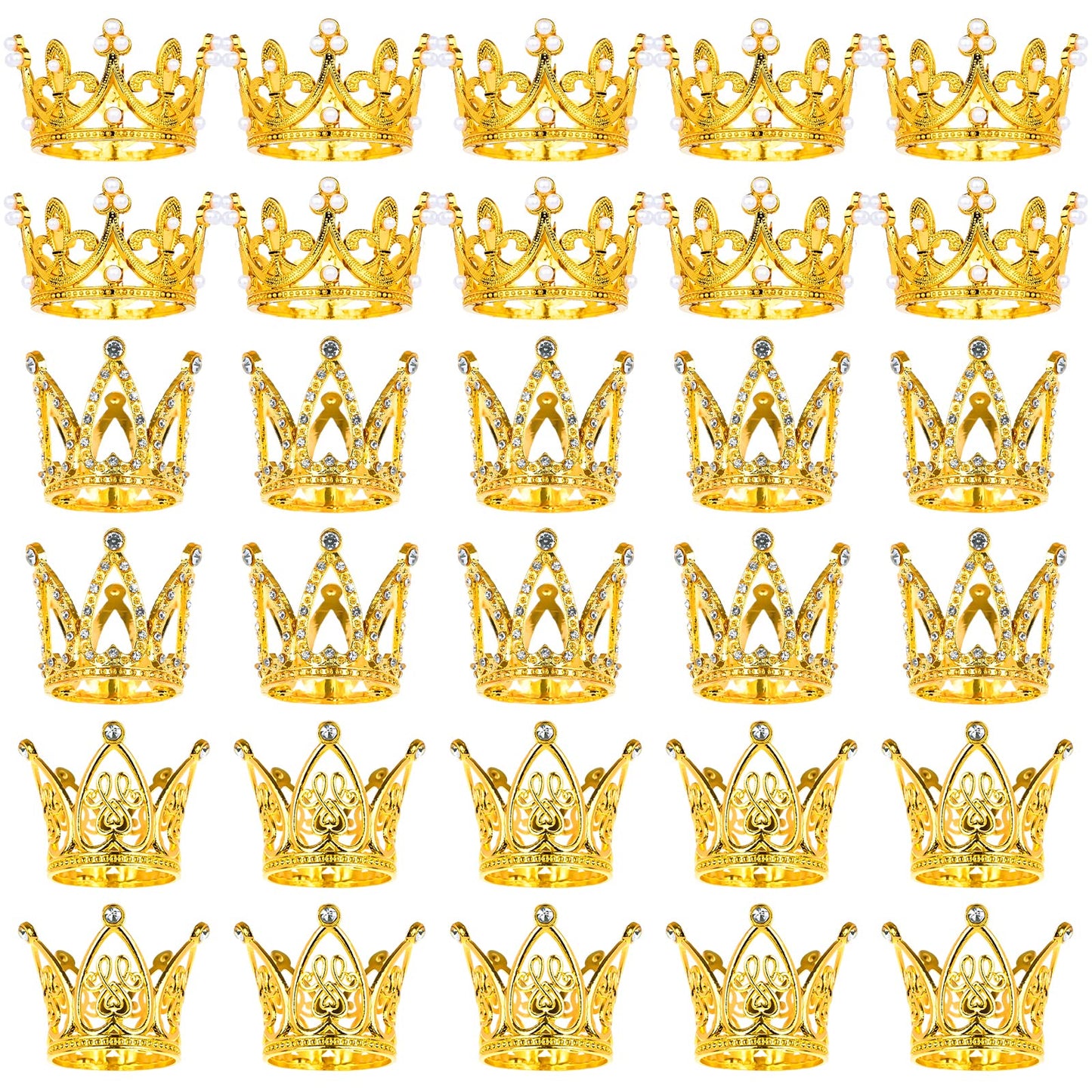 MJOGGOTT 30 Pcs Gold Crown Cake Toppers – Mini Crowns for Flower Bouquets, Weddings & Parties (3 Styles)