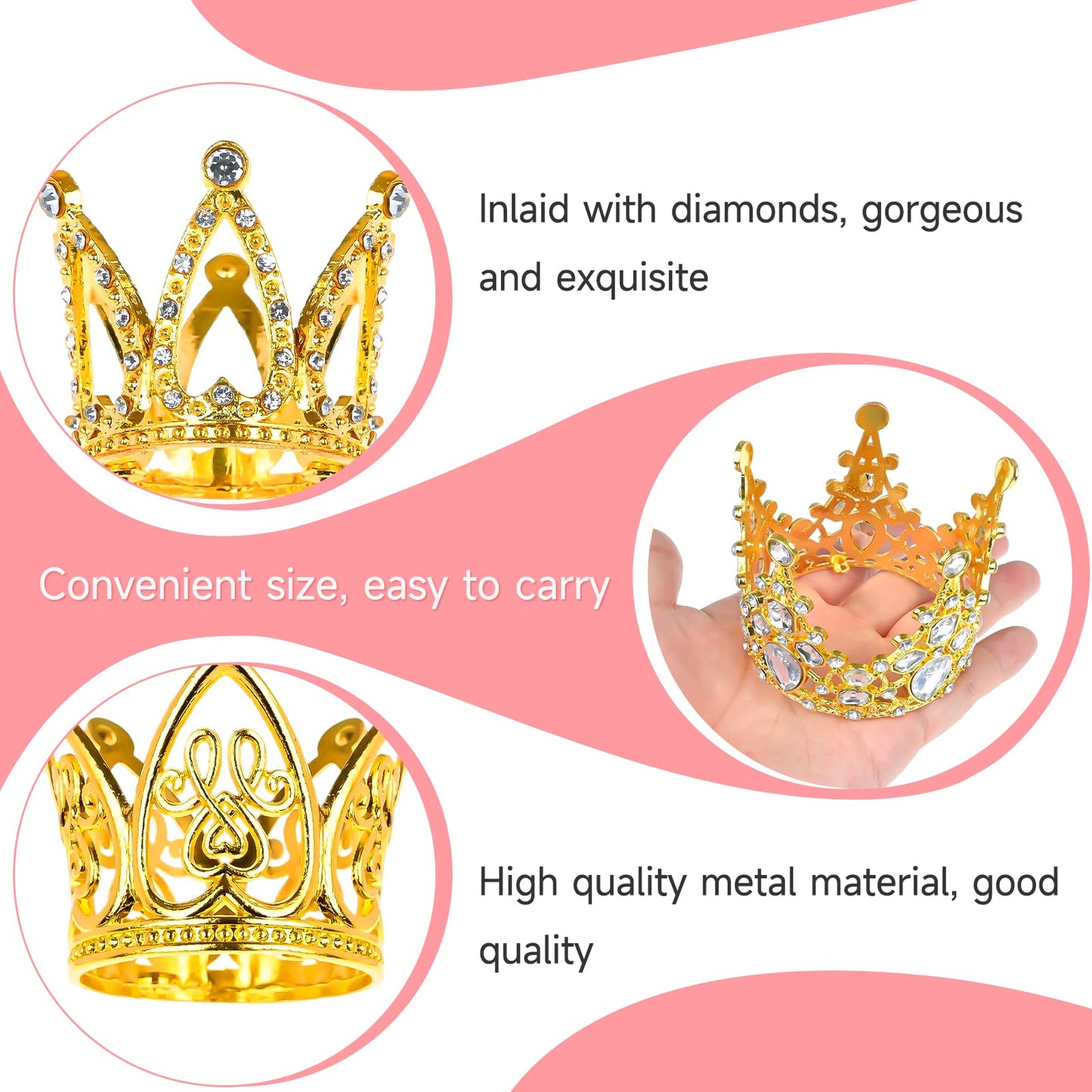MJOGGOTT 30 Pcs Gold Crown Cake Toppers – Mini Crowns for Flower Bouquets, Weddings & Parties (3 Styles)
