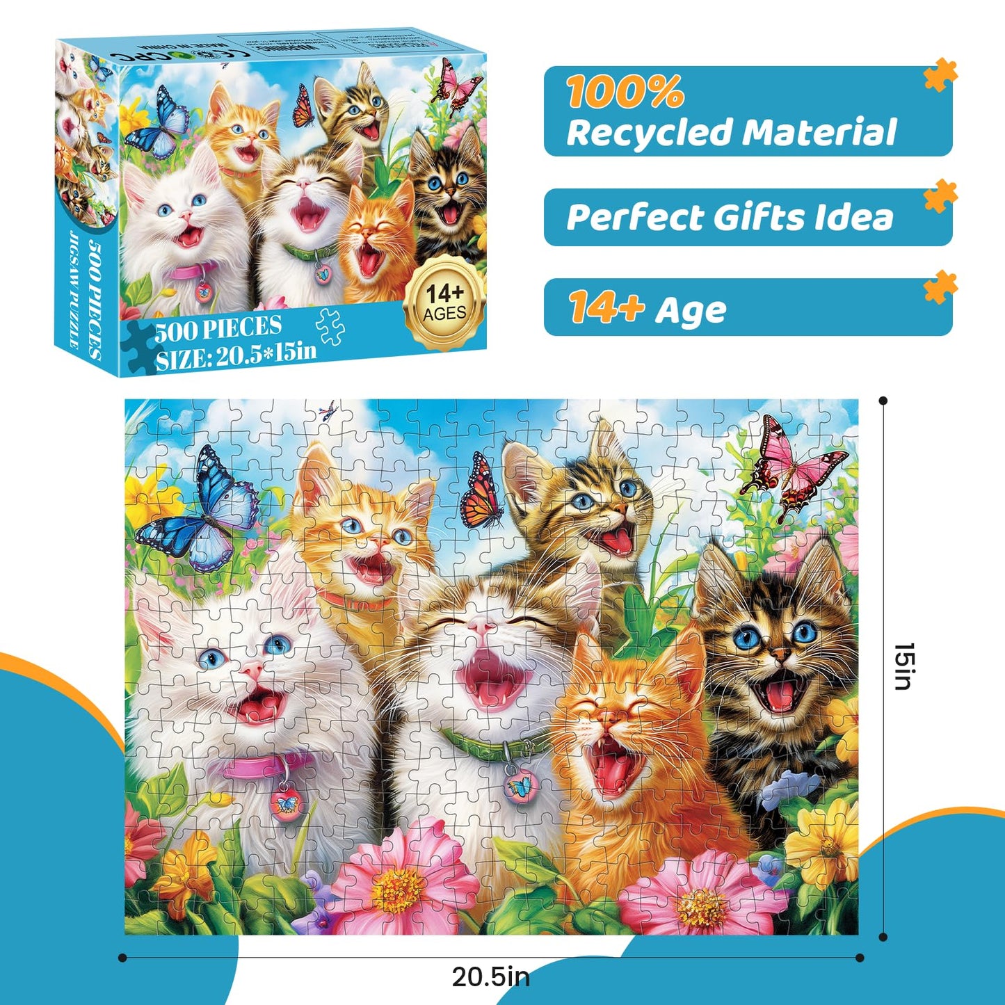mjyphdm 500 Piece Laughing Cats Jigsaw Puzzle – Recycled Cardboard, 20.5 x 15 in