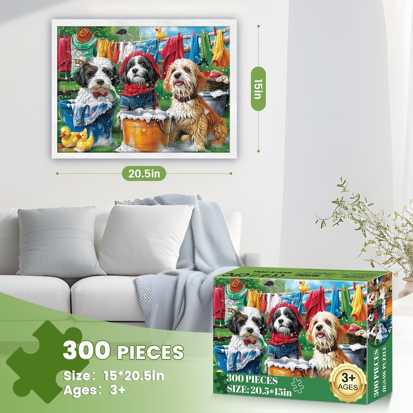 mjyphdm 300-piece dog jigsaw puzzle for adults – large 20.5 x 15 in, recycled cardboard