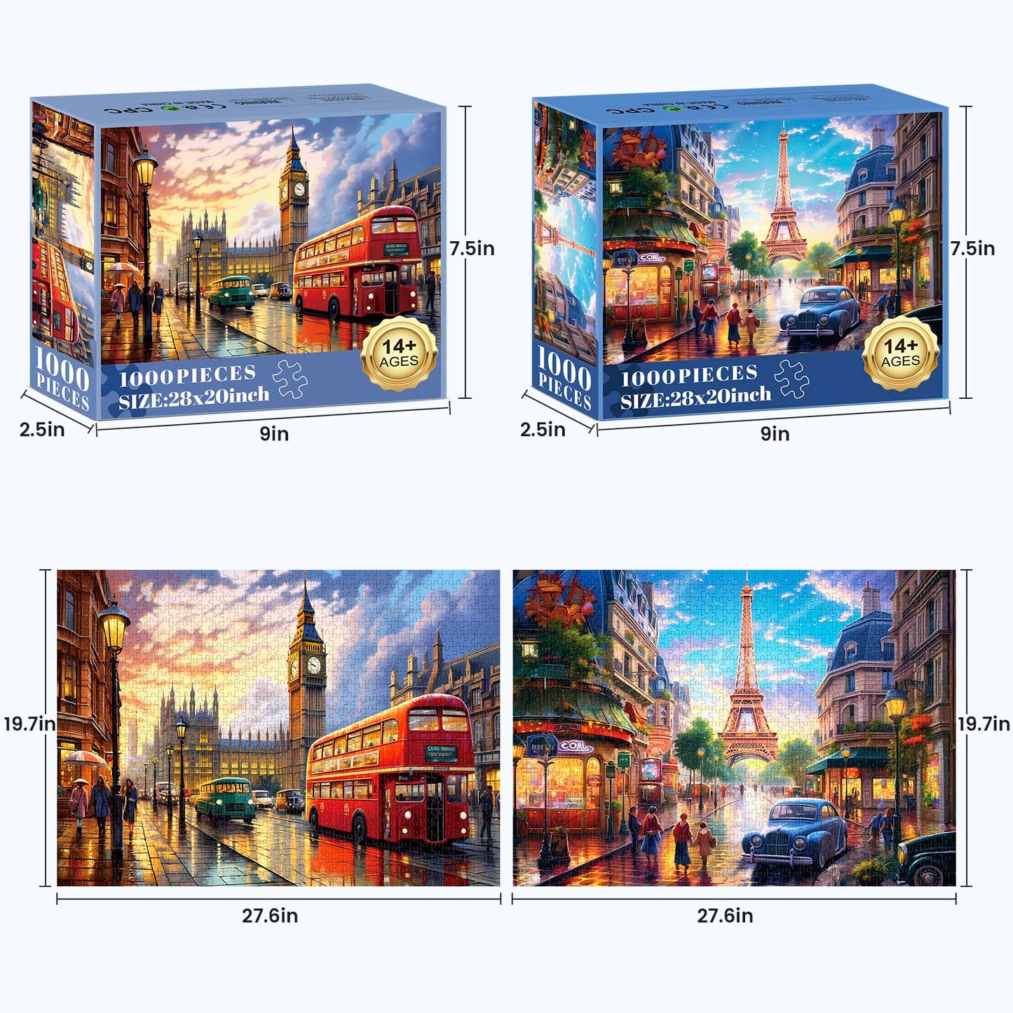 Mjyphdm 2-Pack 1000-Piece Puzzles: Big Ben & Eiffel Tower for Adults (27.5x20 in)