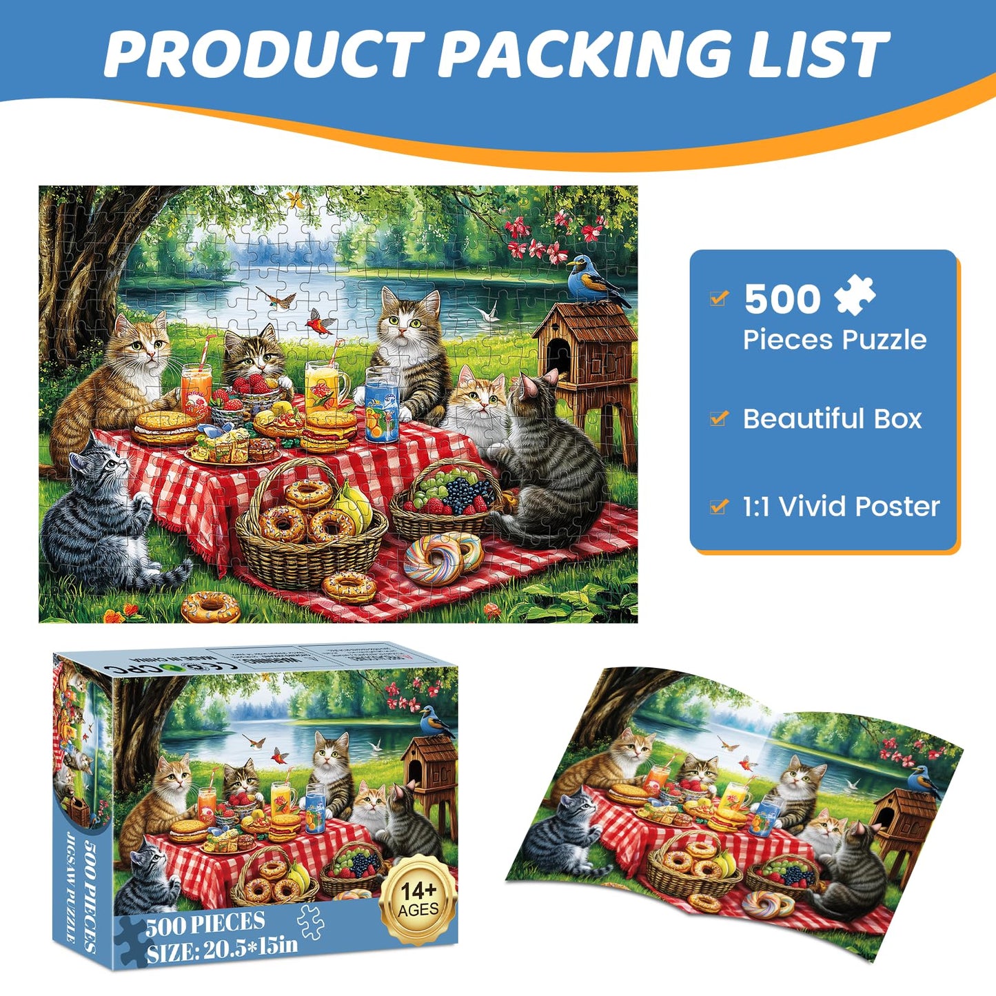 mjyphdm 500-piece cat family dinner puzzle – large piece jigsaw for adults, recycled cardboard, 20.5 x 15 in