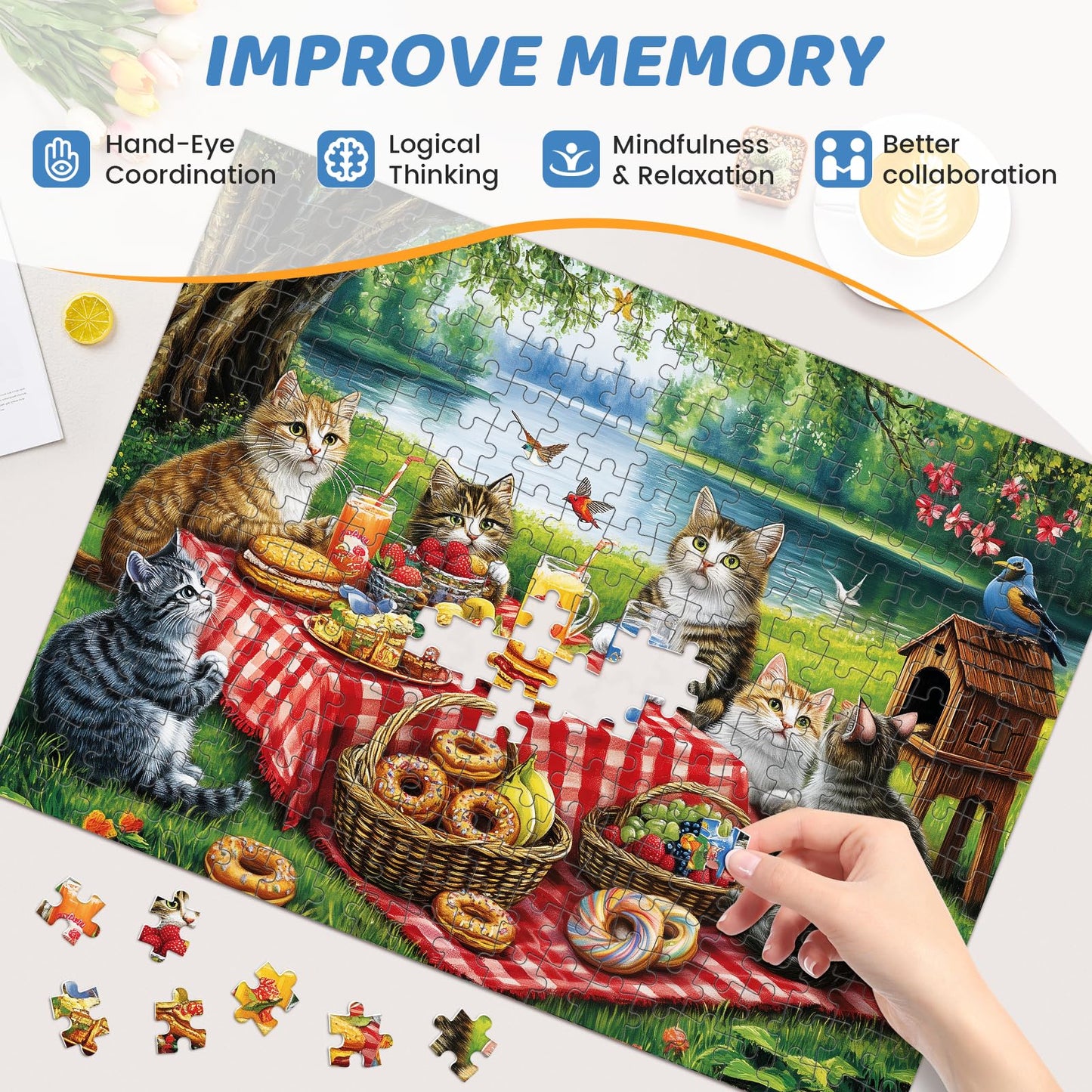 mjyphdm 500-piece cat family dinner puzzle – large piece jigsaw for adults, recycled cardboard, 20.5 x 15 in
