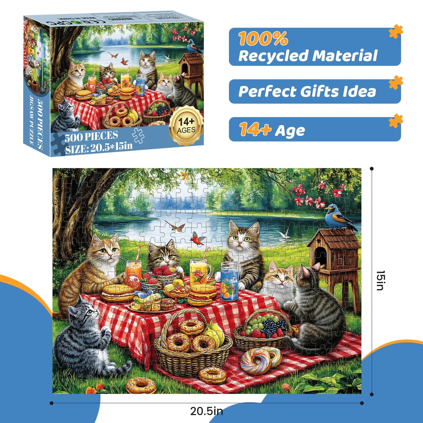 mjyphdm 500-piece cat family dinner puzzle – large piece jigsaw for adults, recycled cardboard, 20.5 x 15 in