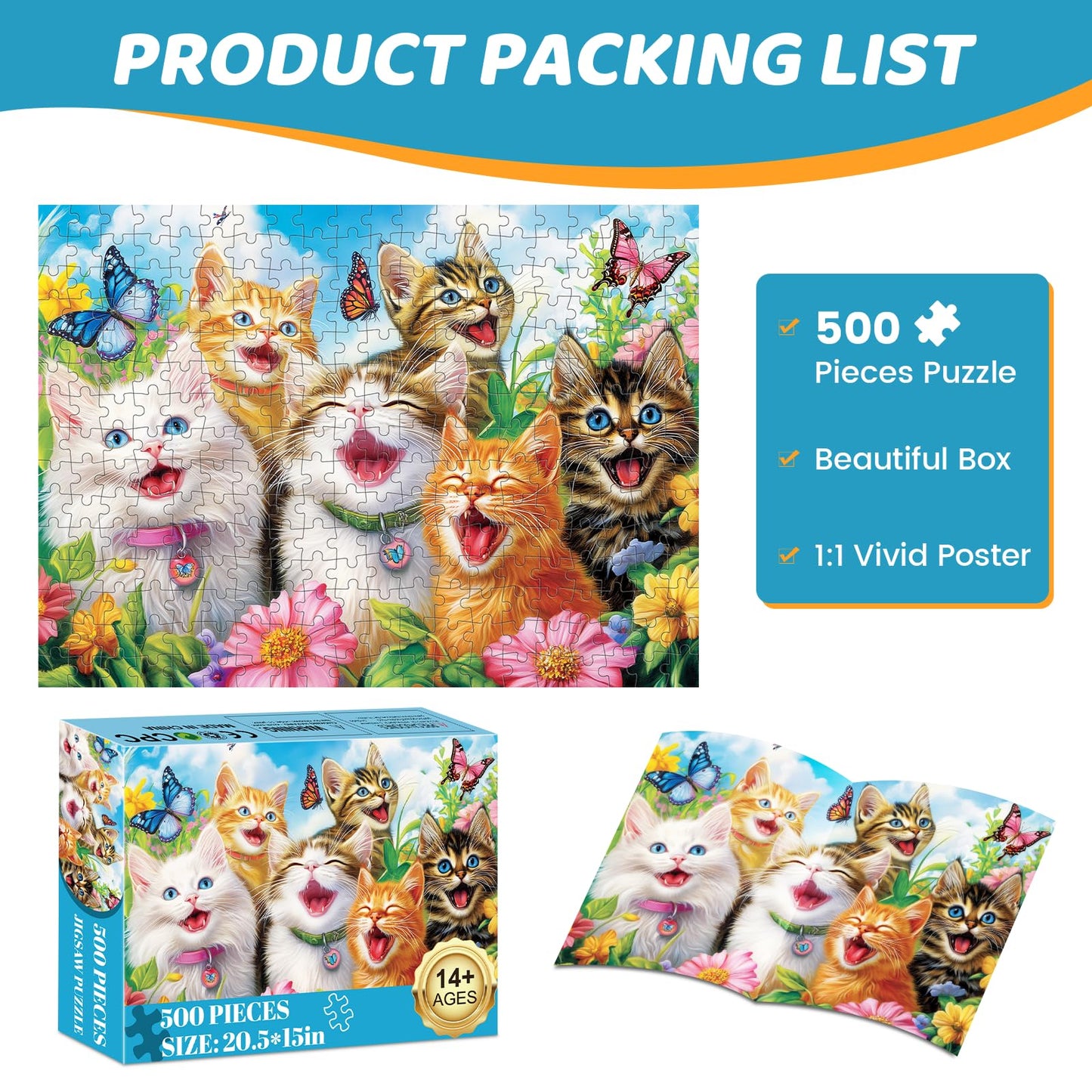 mjyphdm 500 Piece Laughing Cats Jigsaw Puzzle – Recycled Cardboard, 20.5 x 15 in