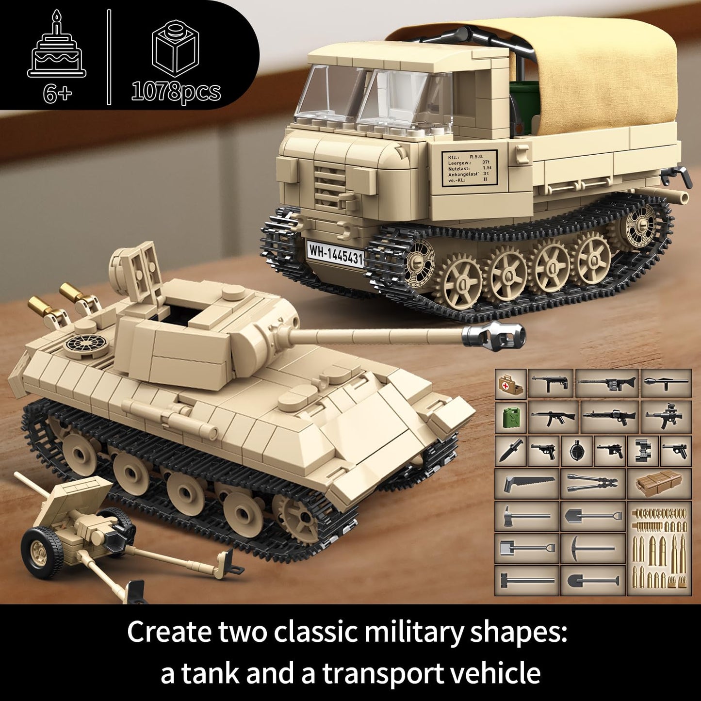Mkmimo WW2 Panther Tank & RSO Tractor Building Blocks – 1078 Pieces, Compatible with Lego Military Sets